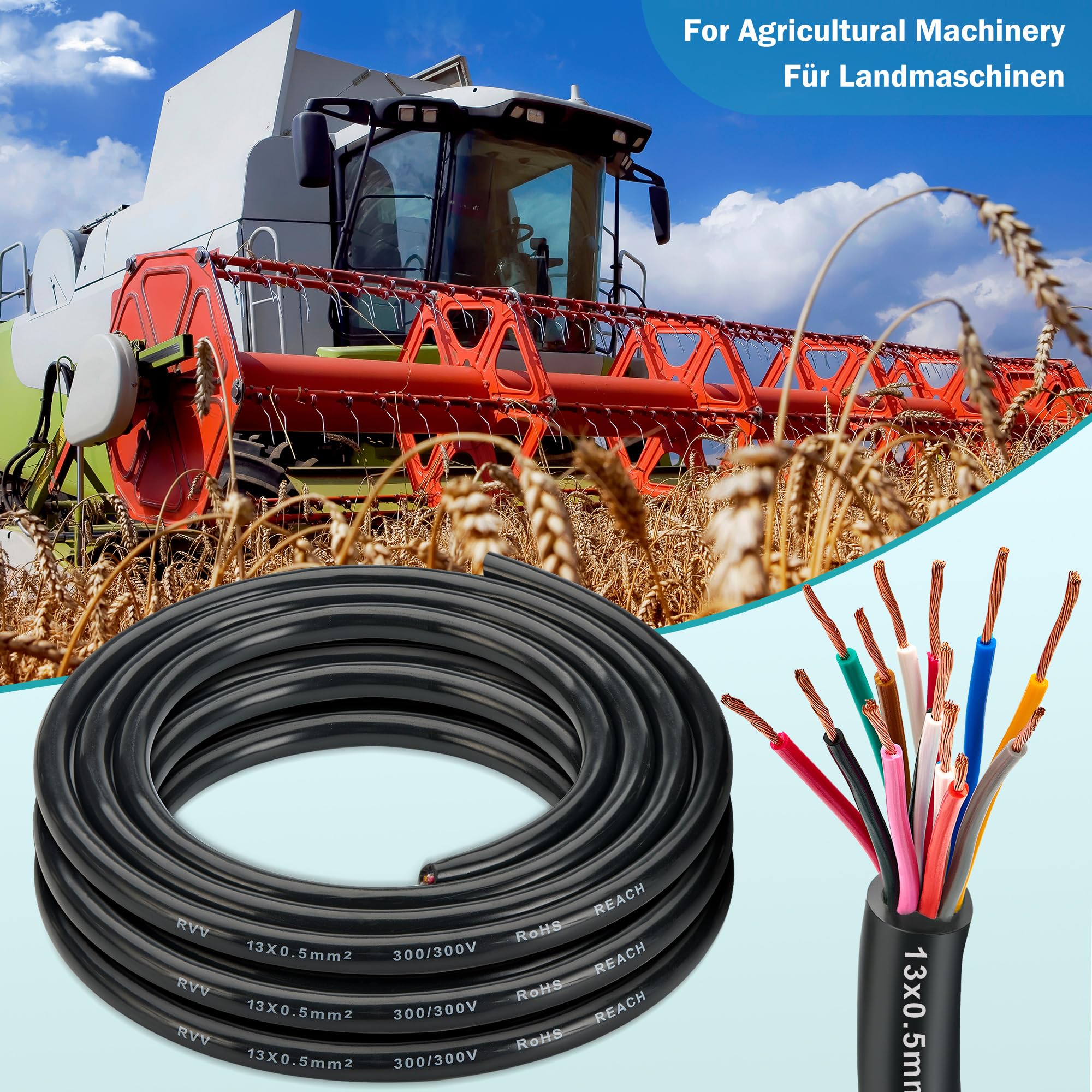 Cable de Remolque 13 Núcleos 0.5mm², 15M Cable Alargador 13 Hilos 12V/24V para Caravana Vehículo Coche Barco Pilotos Remolque Enchufes Camping y Luces LED, Aprobación RoHs Reach