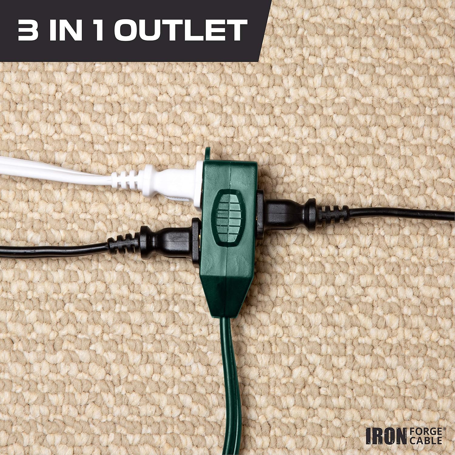 Iron Forge Cable 3 Outlet Green Extension Cord 2 Prong, 3 Pack of 6ft 10ft & 15ft, 16/2 Indoor Extension Cord with Multiple Outlets, 13 AMP 2 Prong for Home, Office, Outdoor Lights