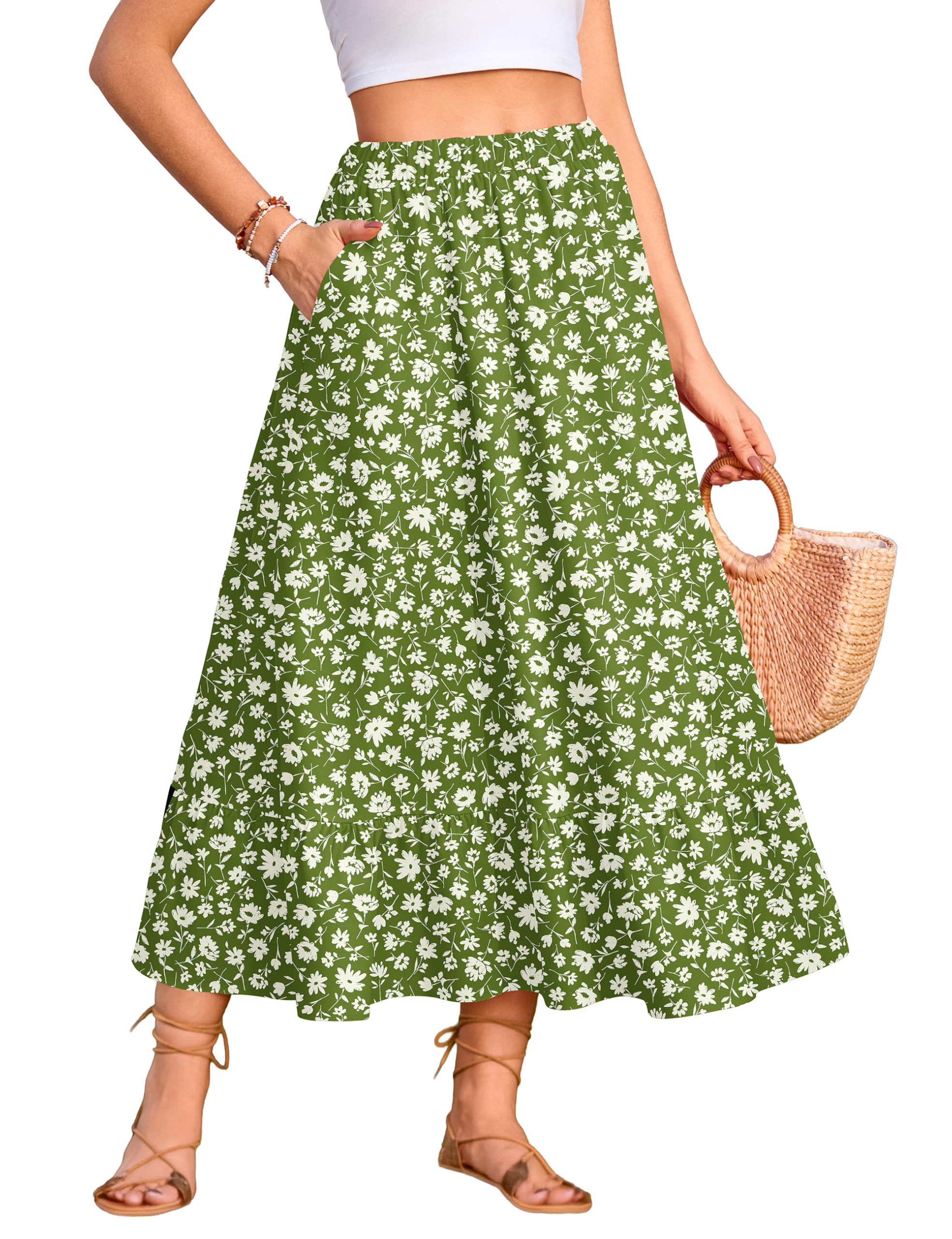 WeciBor Womens Floral Flowy Midi Skirts with Pockets High Waisted A Line Tiered Long Skirts Beach Vacation Outfits