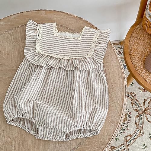 Miniatura 5 de Ashmyova Vestido casual de verano de lino para niñas pequeñas, vintage, con volantes, a rayas, para bebés