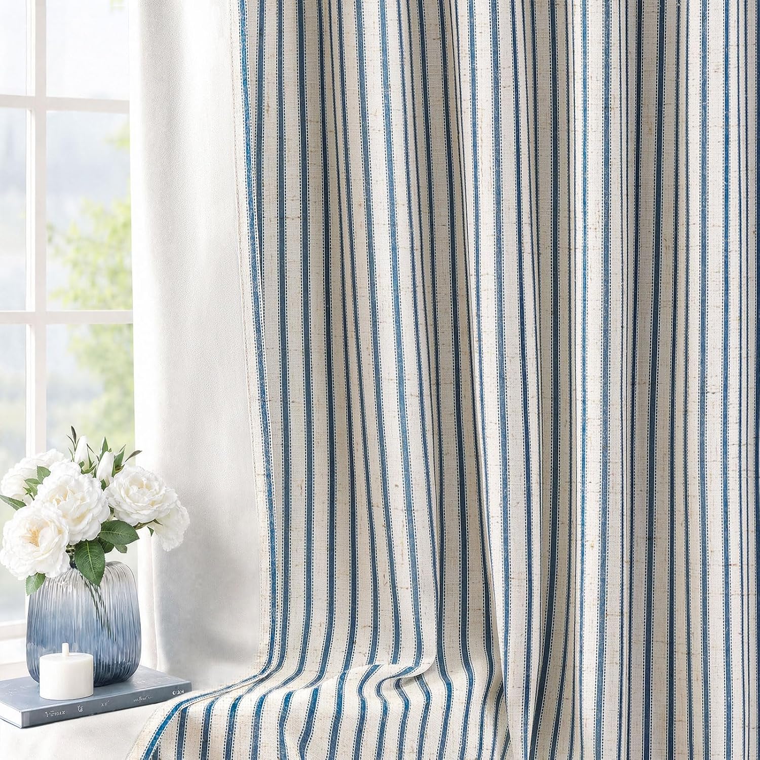 Blue Striped 100% Blackout Linen Curtains，52" W*84" L，2 Panels