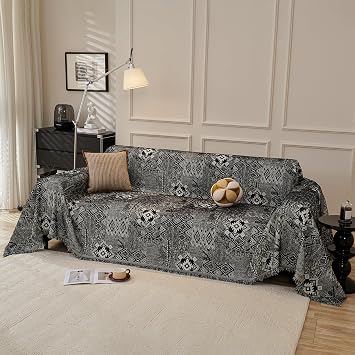 DREAMINGO Couch Covers for Sofa Boho Geometric Jacquard Vintage Sofa Covers 3 Seater Non Slip Chenille Furniture Protector for Dogs Pets Washable Sectional Couch Slipcovers, Black, 71"x150"