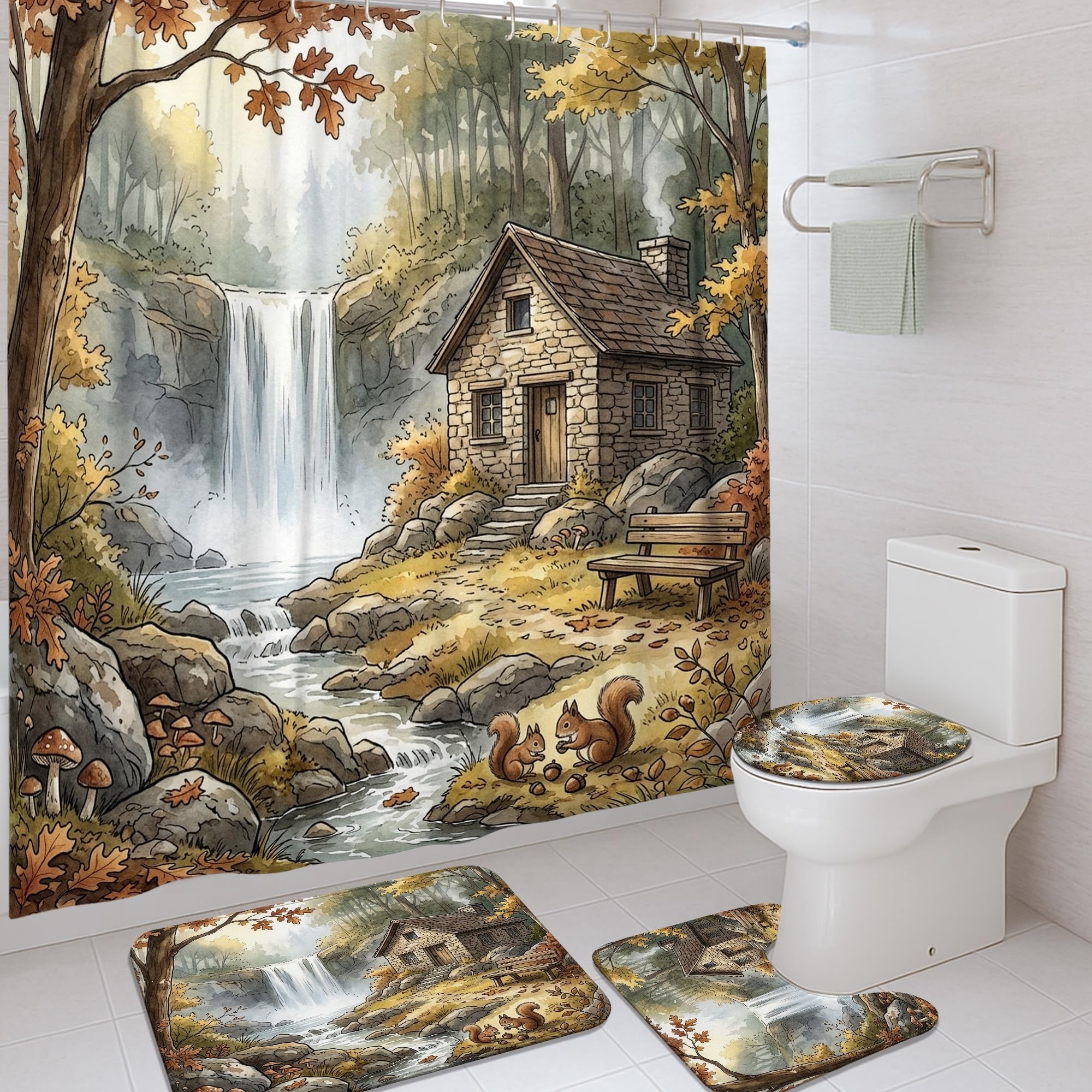 Rideau de douche imperméable marron 183x183 cm anti-éclaboussures avec tapis