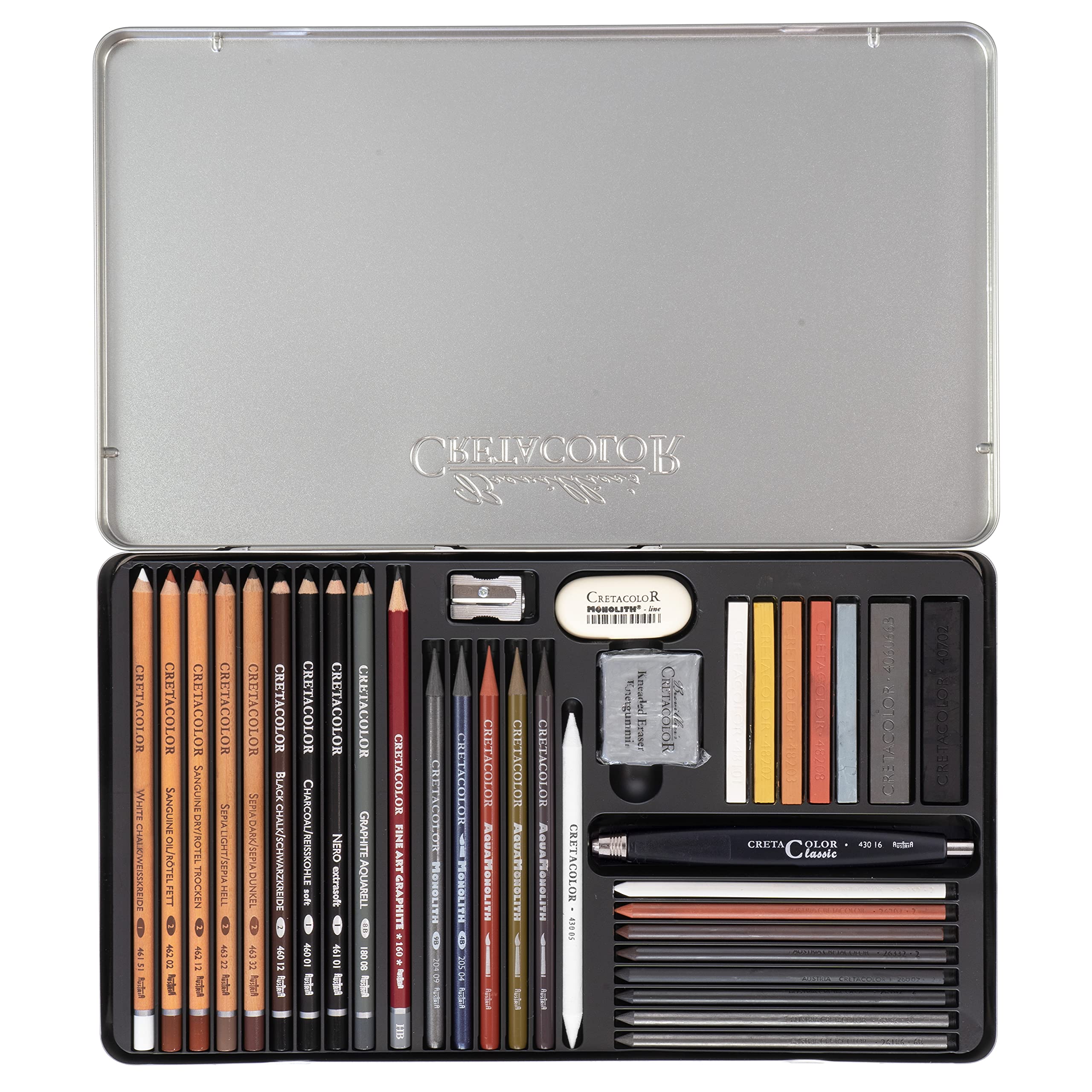 CRETACOLOR Ultimo, set da schizzo, 35 pezzi, set per artisti multifunzione, con gomma e temperino, diversi materiali da disegno