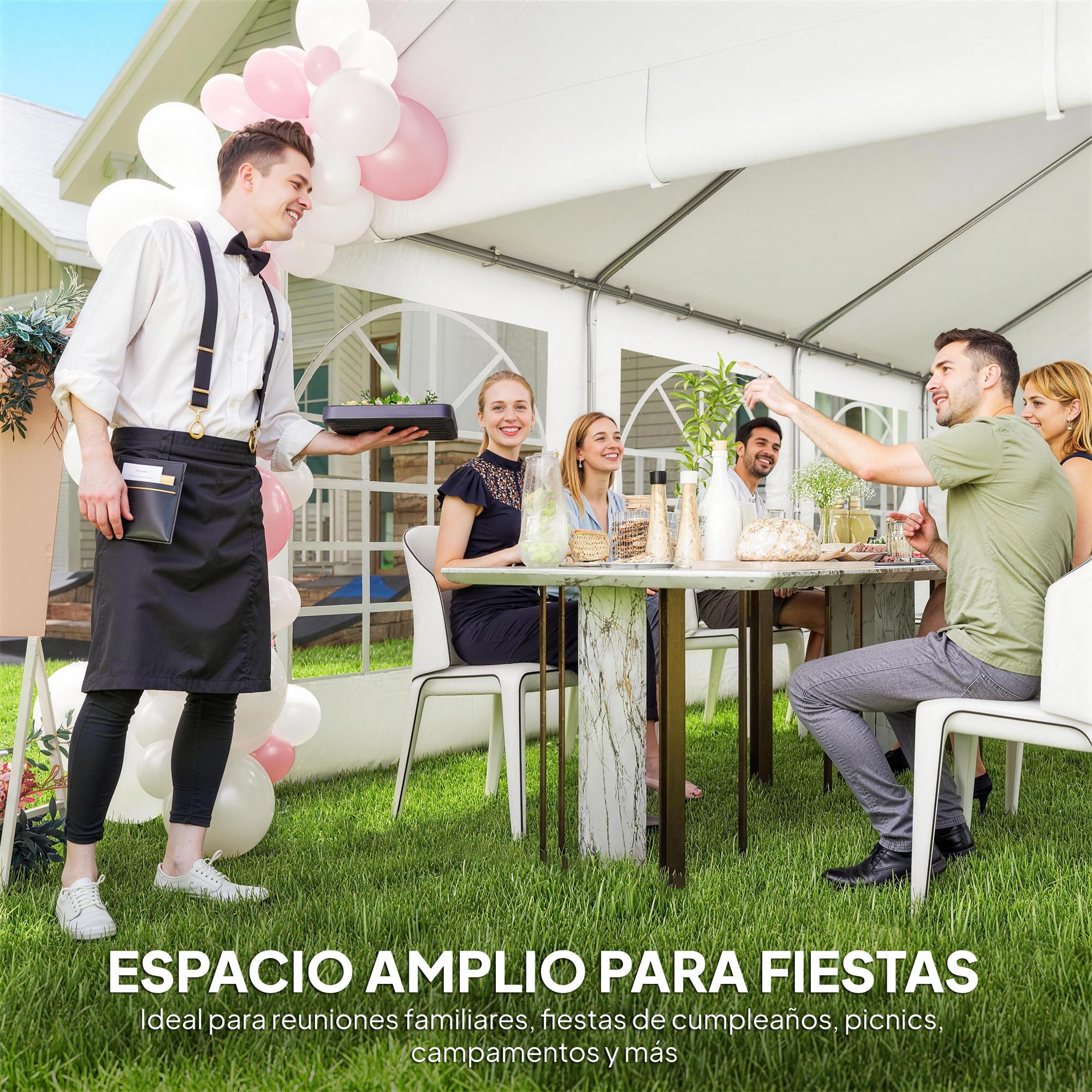 Outsunny Carpa para Fiesta 4x6 m con Luces LED, Tiras, Carpa de Jardín con Estructura Acero Galvanizado, Paredes Laterales Extraíbles, 2 Puertas con Cremallera, Ventanas, UPF30+, para Eventos, Blanco
