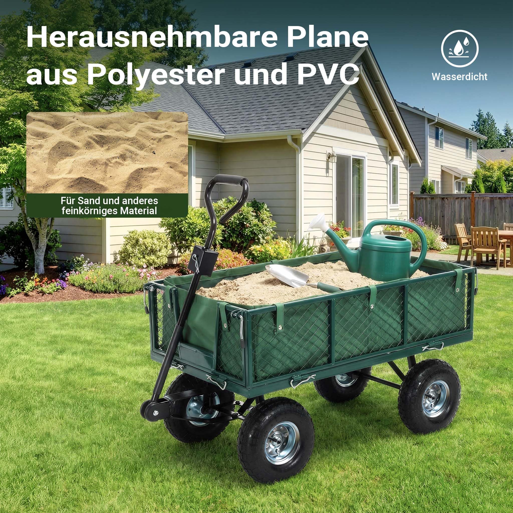 Wiltec Transportwagen bis 300 kg mit Metallgittern, Gartenwagen mit Abnehmbarer Plane, Bollerwagen mit Luftreifen, Handkarren für u. a. Rasen u.Kies