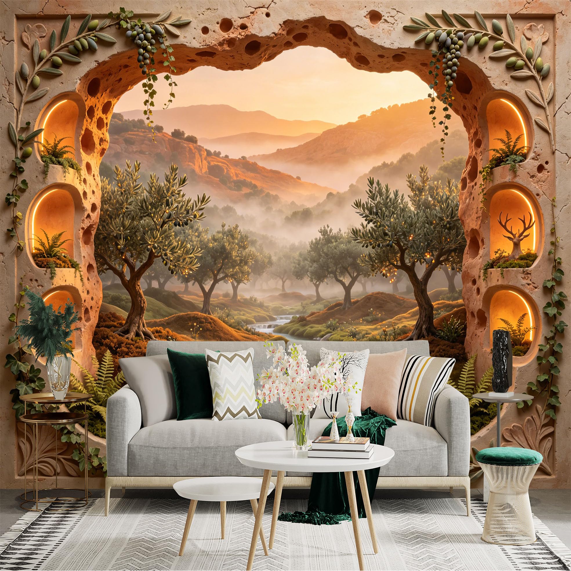 Custom Size Wall Sticker Mural， Mediterranean Landscape with Olive Trees， River and Sunset Mountains， for wall Decoration， peelandstick wall Decals.