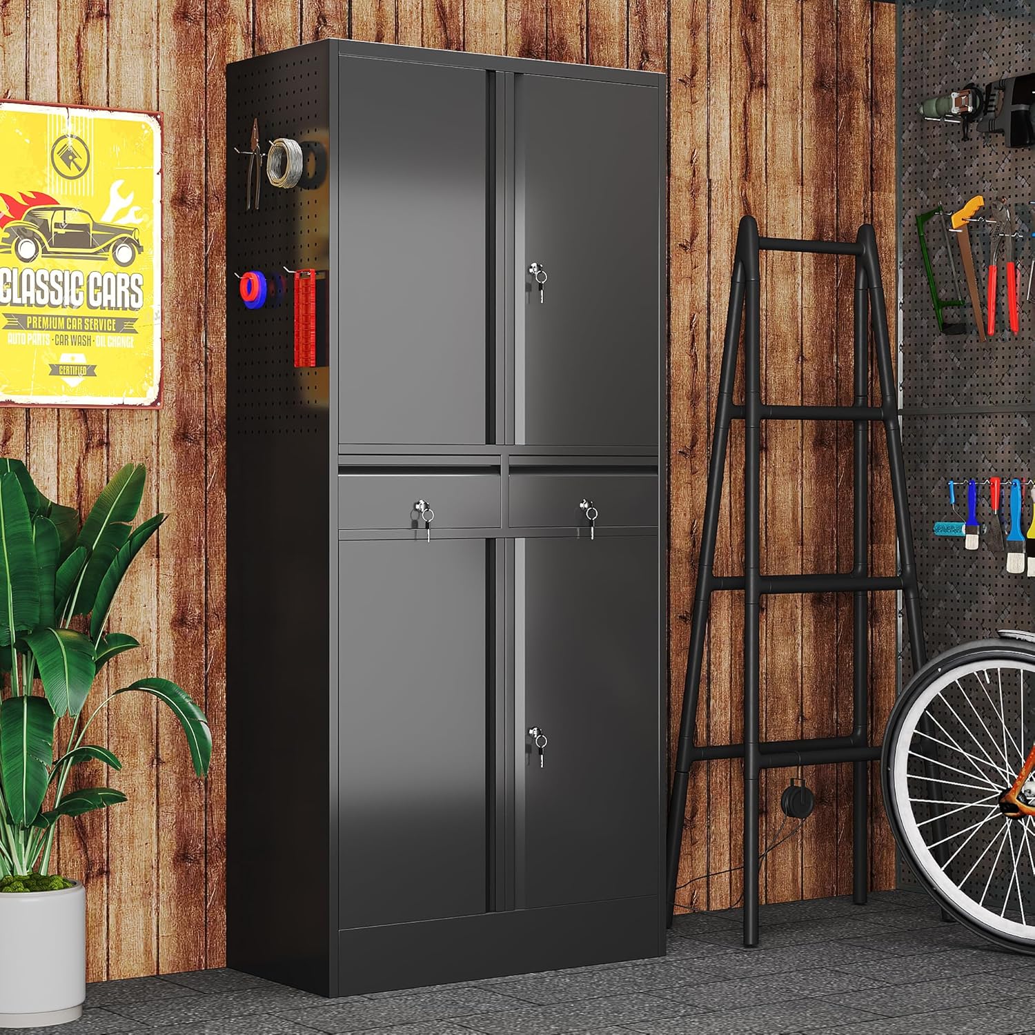 Garage Storage Cabinet, Metal Storage Cabinet with 2 Drawers and 2 Adjustable Shelves, Metal Lockers with Pegboards for Homes, Offices, Kitchens, Schools and Pantries