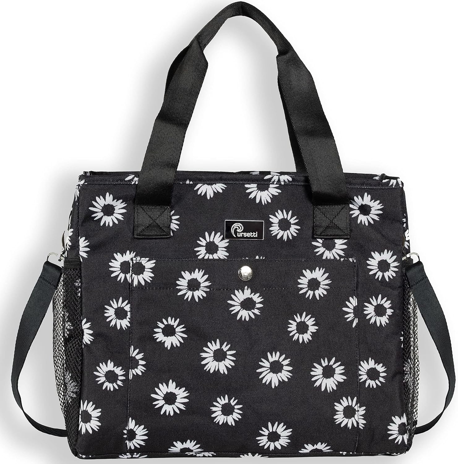 Insulated Lunch Bag for Women-Reusable Large Lunch Tote Bag with Water Bottle Holder & Leak-Proof Lining for Work or Travel-Carry by Hand, On the Shoulder or Crossbody (Black Daisy)