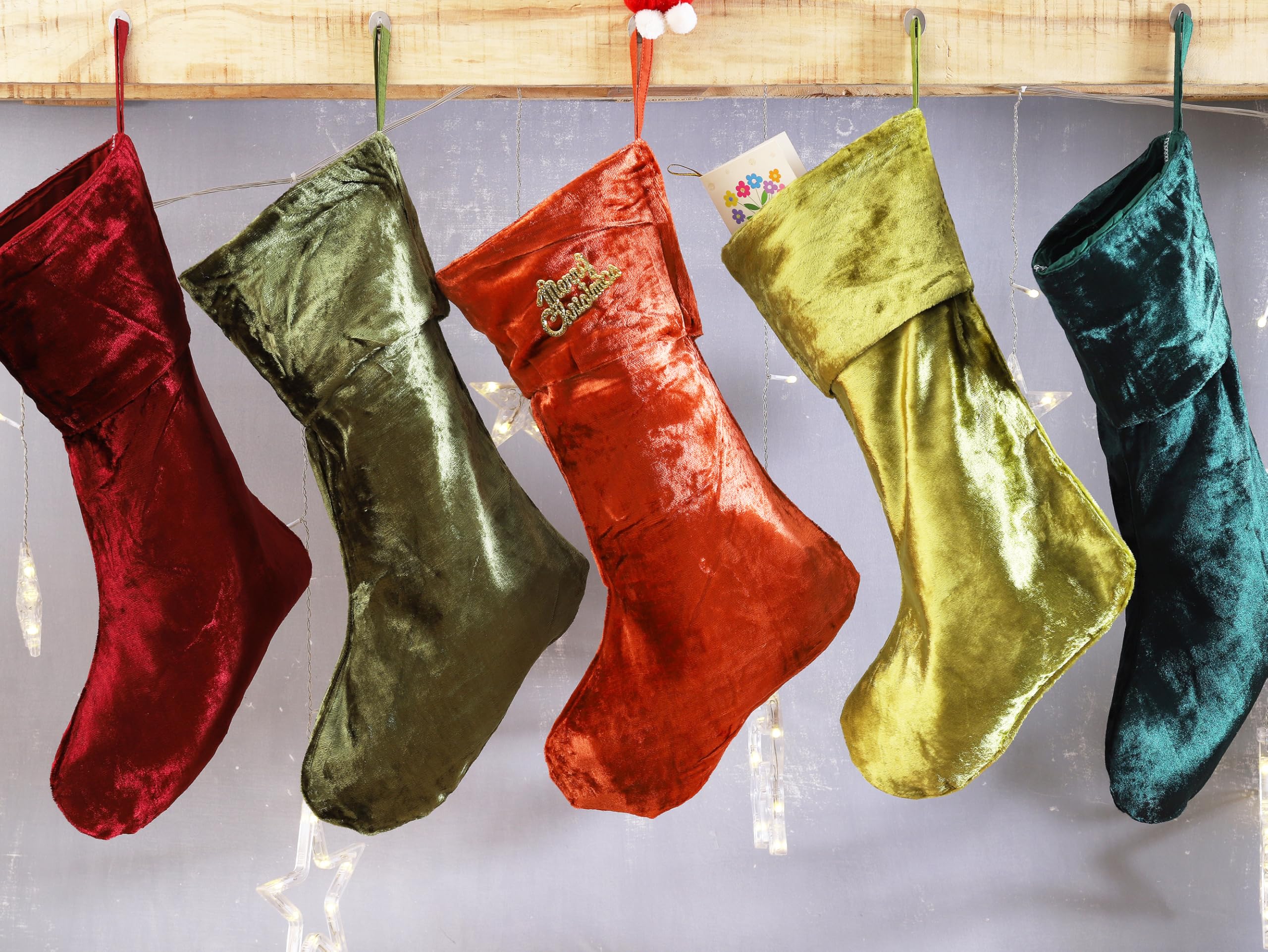 Weihnachts-Samtstrümpfe, 5 Stück, groß, 45,7 cm, Weihnachtsstrümpfe mit Aufhängeschlaufen, ästhetisch, rustikal, Weihnachtsdekoration für den Kamin