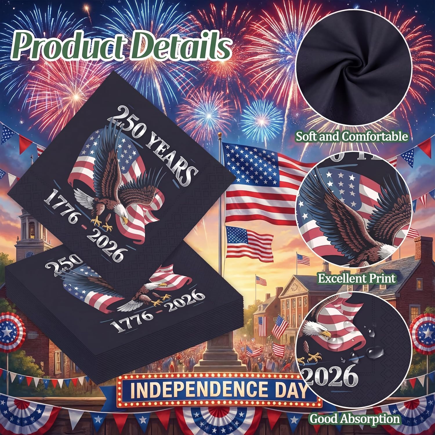 Engrowtic 100 Pcs Large 250th Anniversary Napkins 6.5 Inch American Flag Patriotic Party Supplies Disposable 4th of July Paper Napkins for Veterans Day Independence Memorial Day Decor