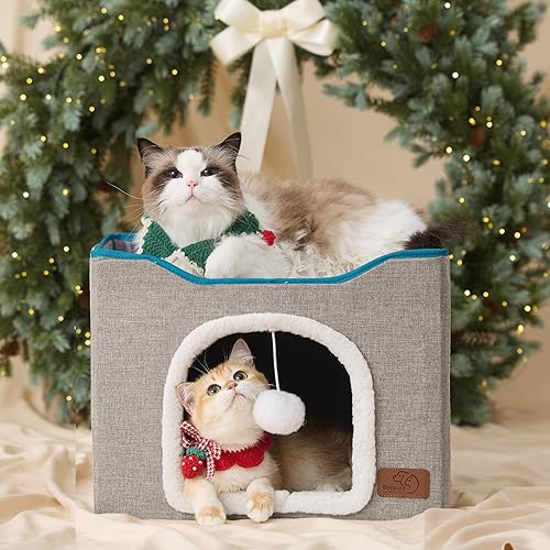 Miniatura 43 de Bedsure Casa para gatos de 2 pisos, condominios para gatos de interior con almohadilla para rascar y colgar bolas esponjosas, muebles pequeños