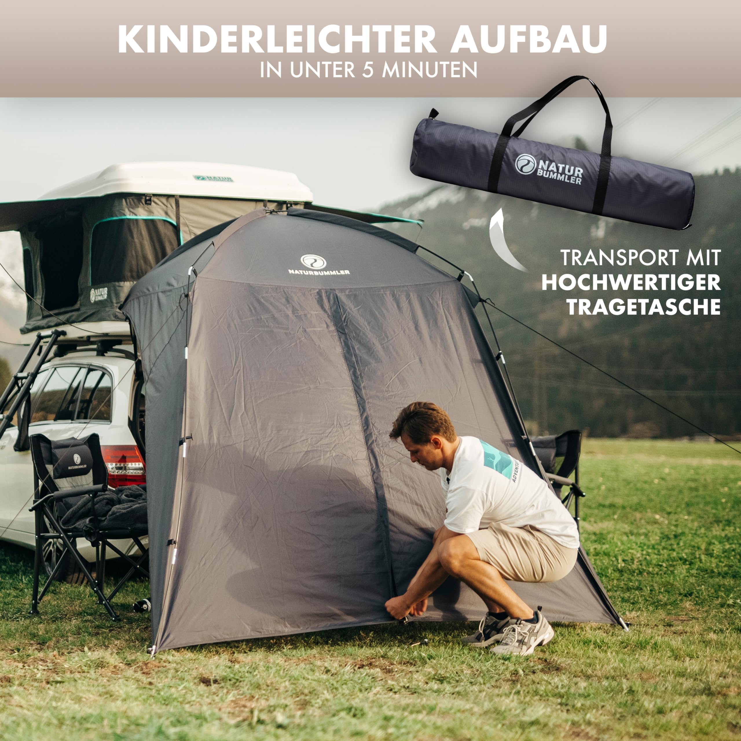 NATURBUMMLER Heckzelt Auto [UV50+ & wasserdicht] Heckklappenzelt für SUV, Van & Kombi – Autozelt mit Saugnäpfen & Reißverschlusstür (2m Stehhöhe) – ideal für Camping & Reisen (Grün)