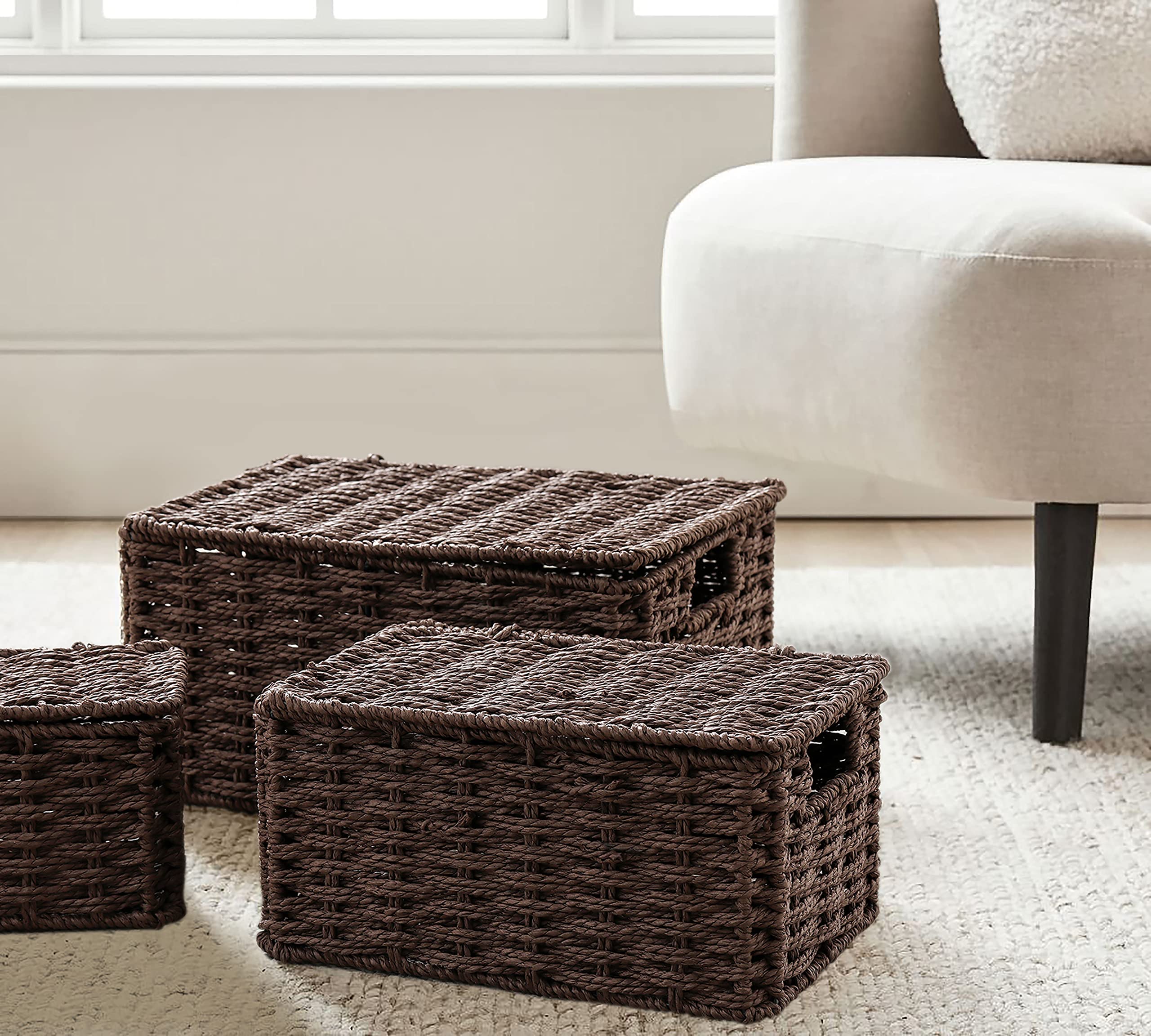 Motifeur Hand-woven Paper Rope Rectangular Baskets With Lids, Multi-purpose Stackable Utility Organizers with Built-in Handles (Set of 3, Brown)
