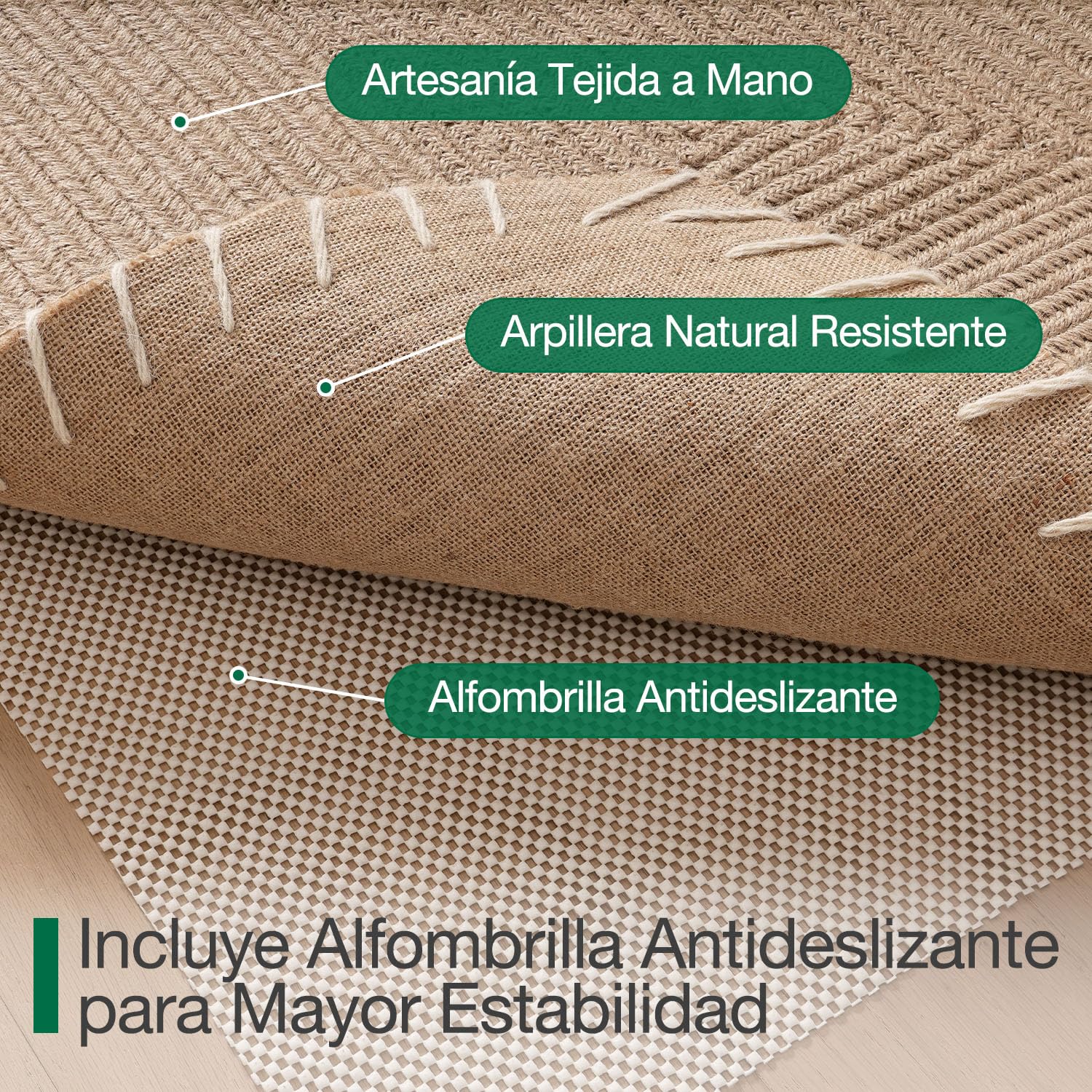 LUMI Felpudo de Yute Tejido a Mano para Entrada, Antideslizante y Duradero, para Suelos Duros, para Casa, Patio, 60x90 cm