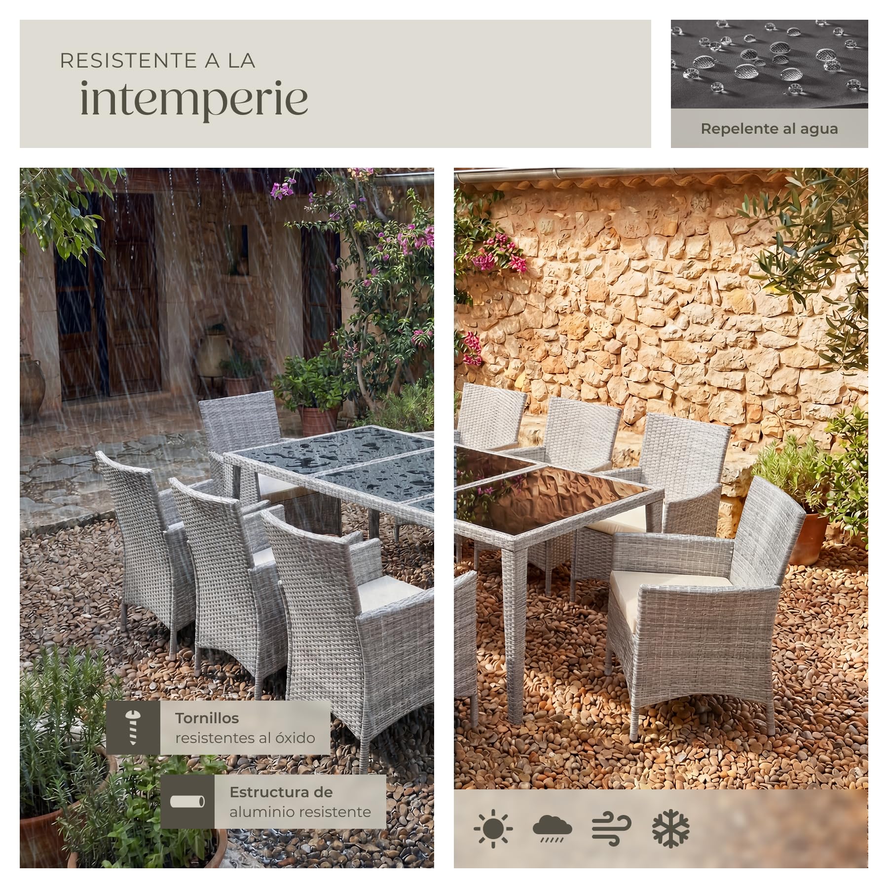 tectake® Conjunto Jardín Exterior de Ratán y Aluminio, Muebles Jardín Exterior Resistente a la Intemperie, 8 Sillas con Cojines, 1 Mesa con Cristal, 2 Juegos de Fundas y Funda Protectora - Gris Claro