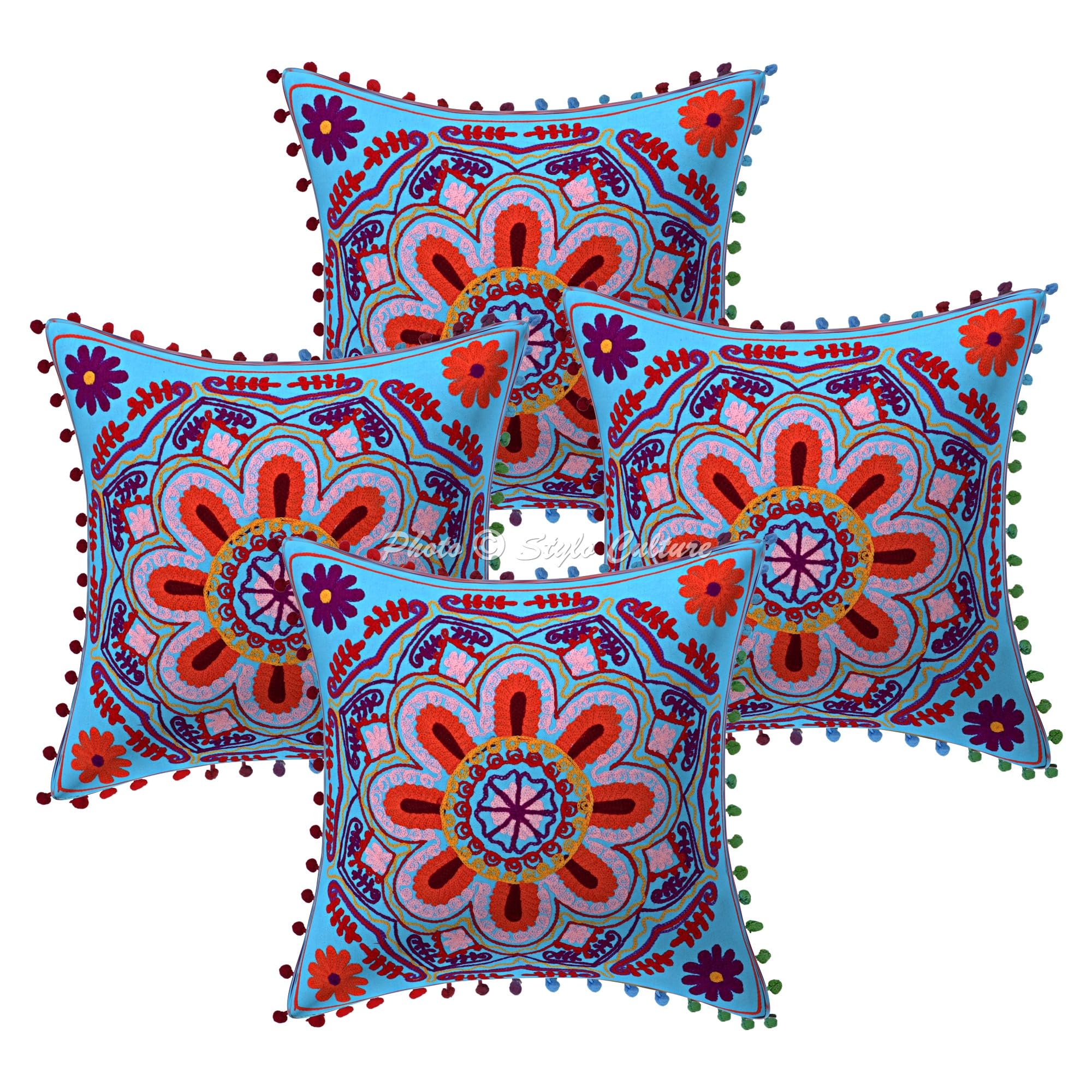 Bohemien Dekorativ Baumwolle Sofa Kissenbezüge 40x40 cm Türkis Dekokissen Suzani Bestickte Pom Pom Spitze Wohnzimmer Couch Kissenhullen Quadrat Blumen Kissen Bezüge - 4 STK.