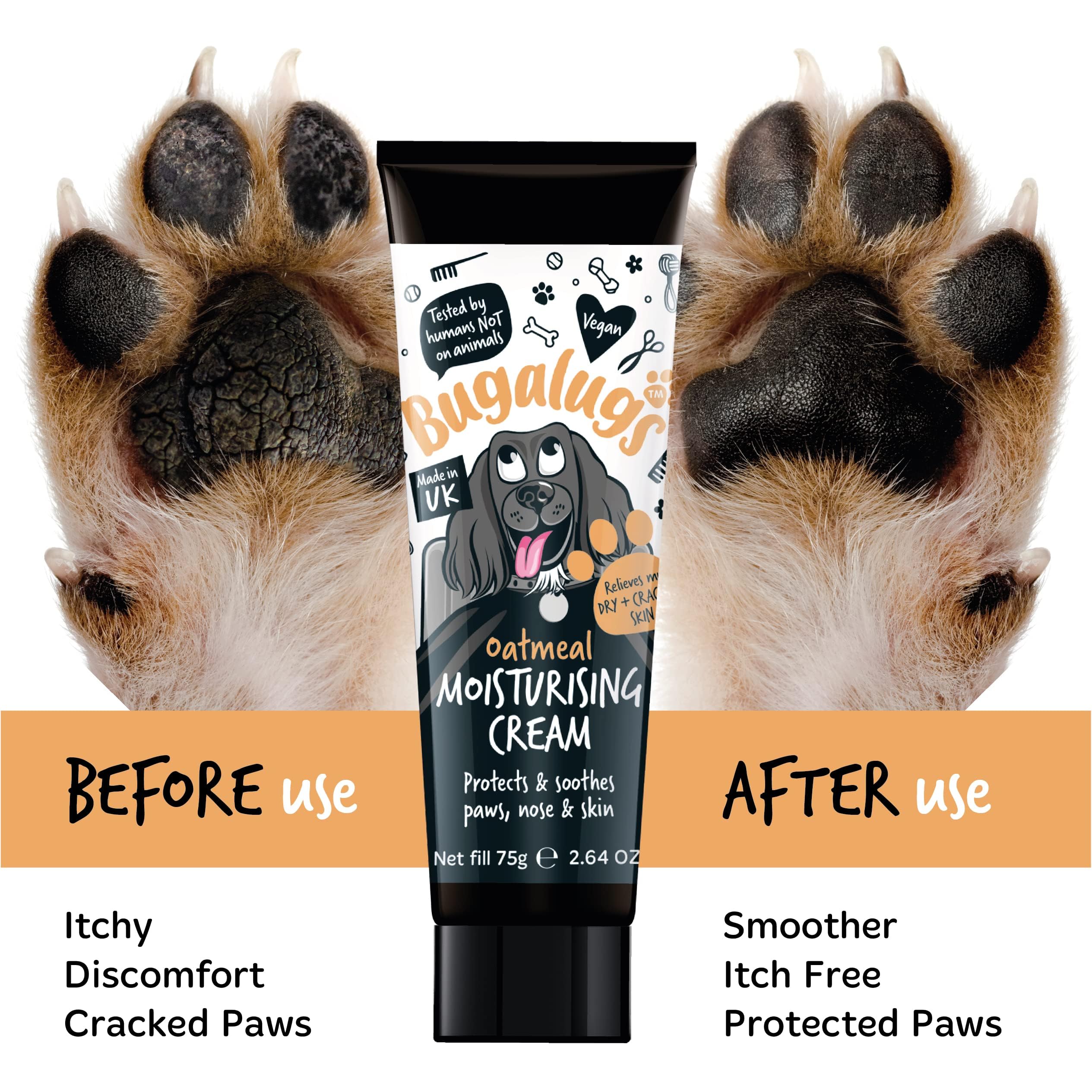 BUGALUGS - Bálsamo de Patas y Nariz con Avena Calmante - Perros y Gatos - 75g - Protección Natural, Hidratación Intensiva y Alivio para Almohadillas y Narices Secas, Agrietadas o Irritadas