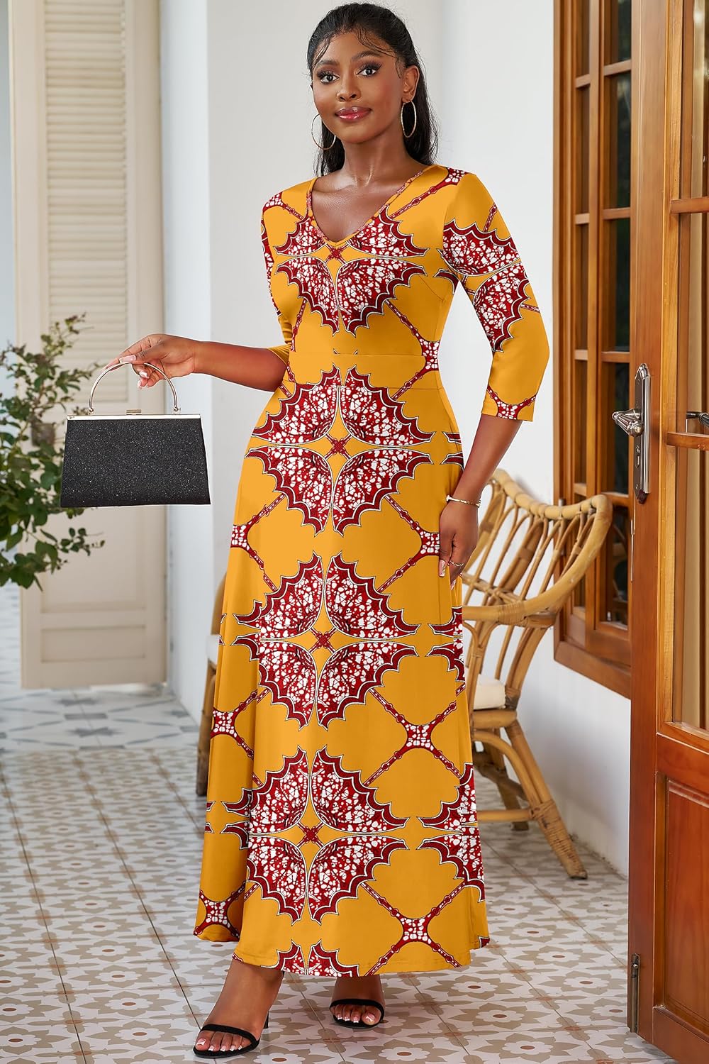 FANDEE Women's Dresses Church Loose Fit V Neck Dress with 3/4 Sleeve and Belt Design Casual Long African Attire Dress - Image 3