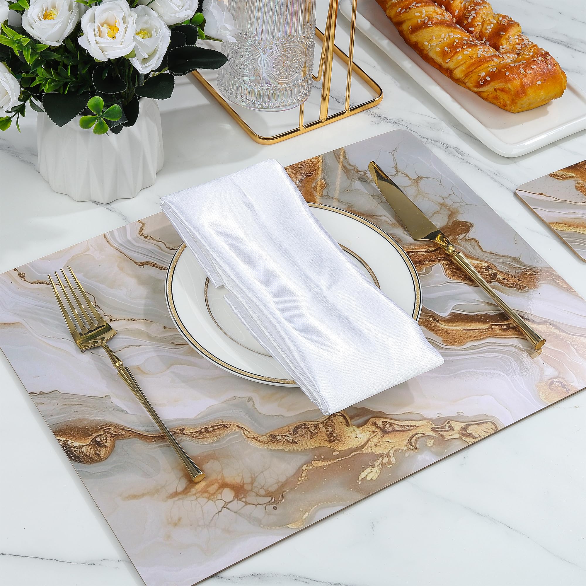 fanquare Cork Placemats Rectangular Placemats and Coaster Sets 4 White Ink and Wash Painting Marble Place Mats for Table Waterproof Heat Resistant Table Mats for Kitchen Home Decor 41 * 31cm - Image 2