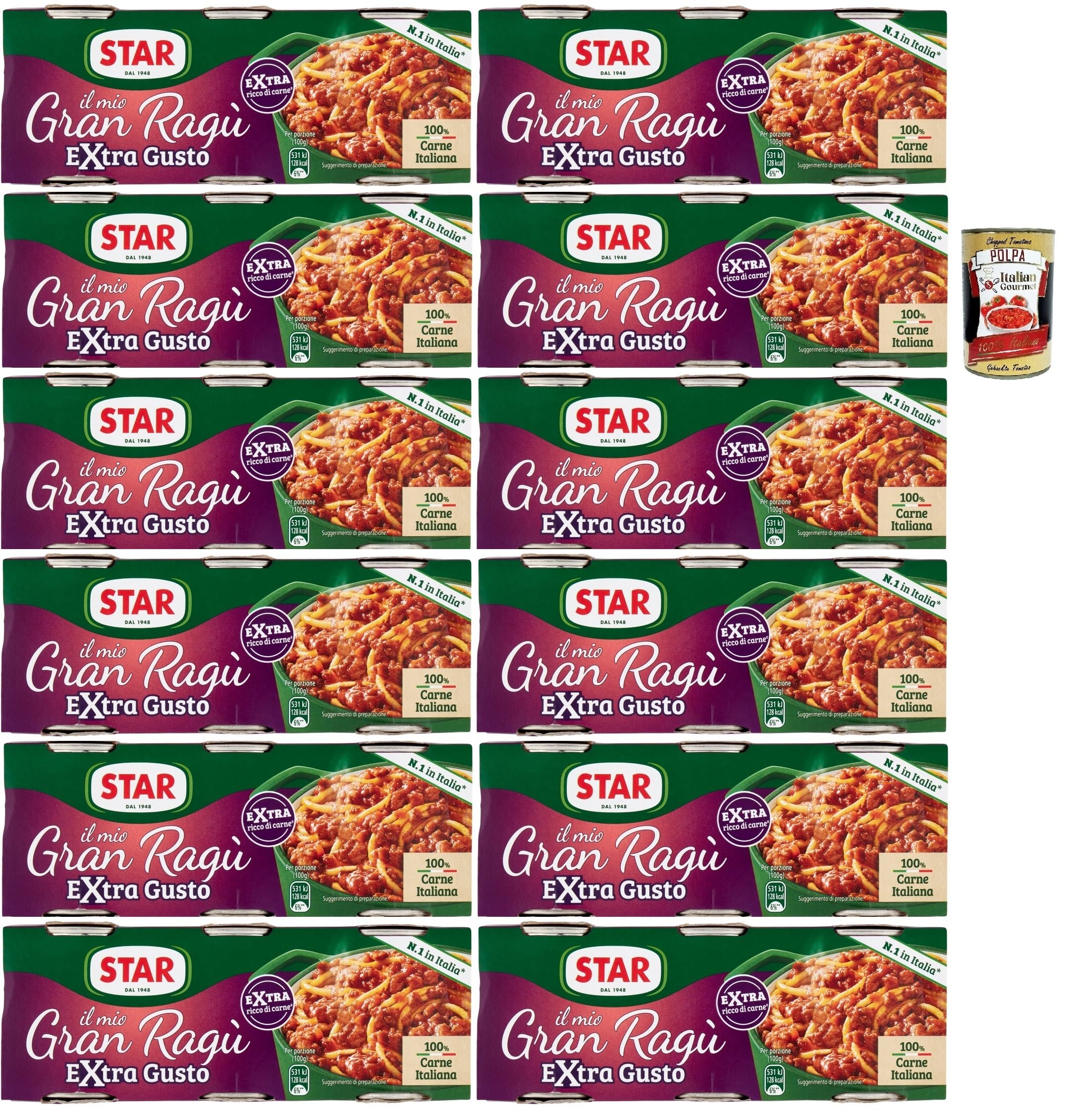 Italian Gourmet il mio Gran Ragù Extra Gusto, ragù italiano 12 x 3 x 100g | Mit 100% Fleisch aus Italien, condimento ricco für schnelle Pasta, Dose, Gesamtnettogewicht 300 g + Kostenlos Polpa 400g