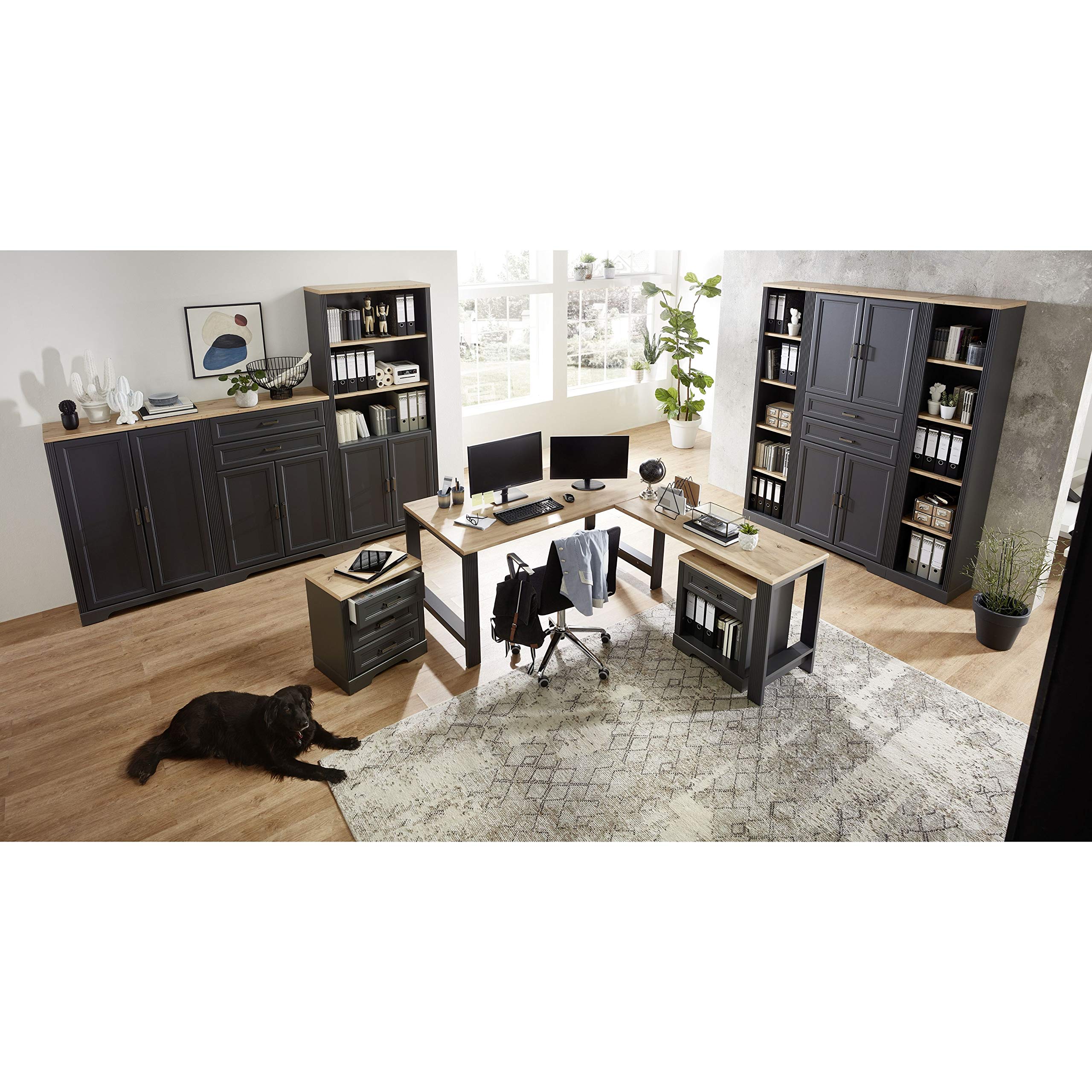 Stella Trading JASMIN Büroschrank in Graphit, Artisan Eiche Optik - Aktenschrank mit Schubladen und Türen - Landhausstil Büromöbel Komplettset - 86 x 204 x 38 cm (B/H/T)