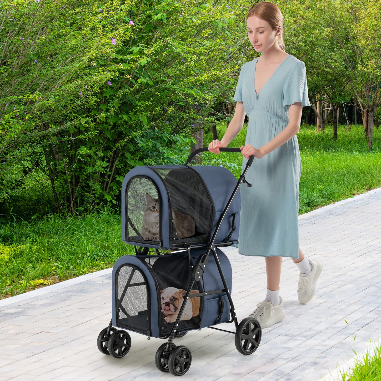 GYMAX Poussette Chien, Charge Max 15 KG, Poussette pour Chien Chat Pliable en une seule touche, Chariot pour Animaux de Campagnie, 81×45×101 CM, Noir/Beige/Bleu (Bleu, 68x51x107cm)
