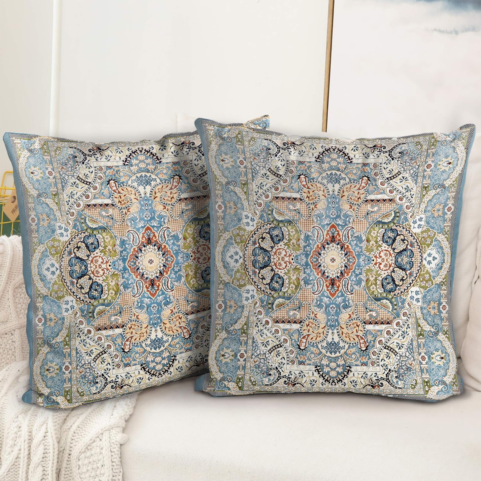 Boho Floral Throw Pillow Covers 18x18 inch Set of 2,Blue Boho Rug Geometric Floral Pattern Decor Double Sided Pattern Cushion Cover Soft Pillow Case Living Sofa Room Bed Square Pillow Cover