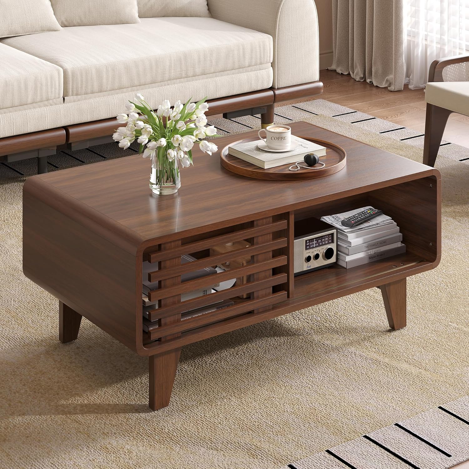 Luoxiao Mid Century Modern Coffee Table with Storage, Slatted Sliding Door, Modern Wood Rectangle Coffee Table, Farmhouse Scandinavian Minimalist Coffee Table, Center Table for Living Room, Walnut