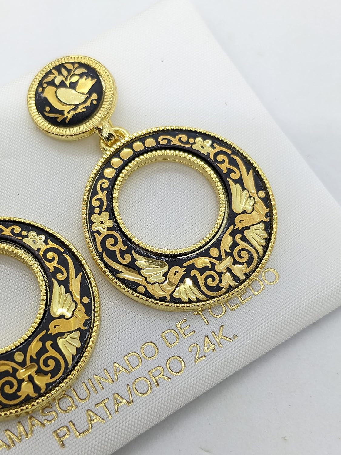 Vintage Elegant Spanish hoop round women's earrings Spain 24K Gold & Steel -Birds & Flowers flamenco style