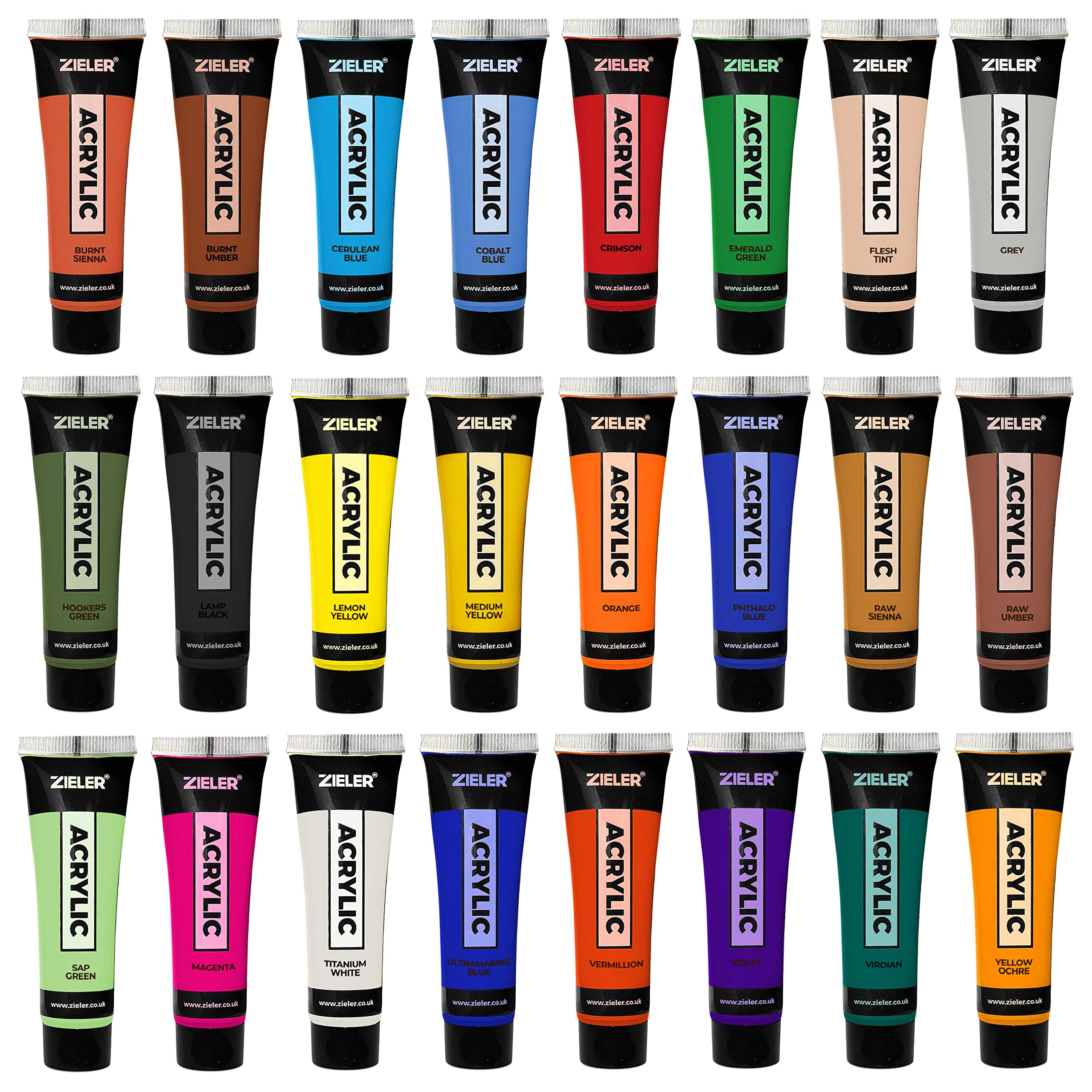 Juego de pintura acrílica premium (24 tubos grandes de 22 ml) - por Zieler®. Ideal para papel, lienzo, madera, cerámica, tela y manualidades. Incluye guía de inicio