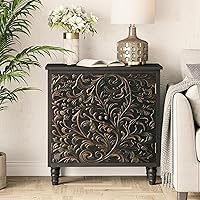 LONYKE 2-Door Farmhouse Storage Cabinet Black, Distressed Flower Motif Vintage Side Table for Boho Living Room Bedroom Organizer