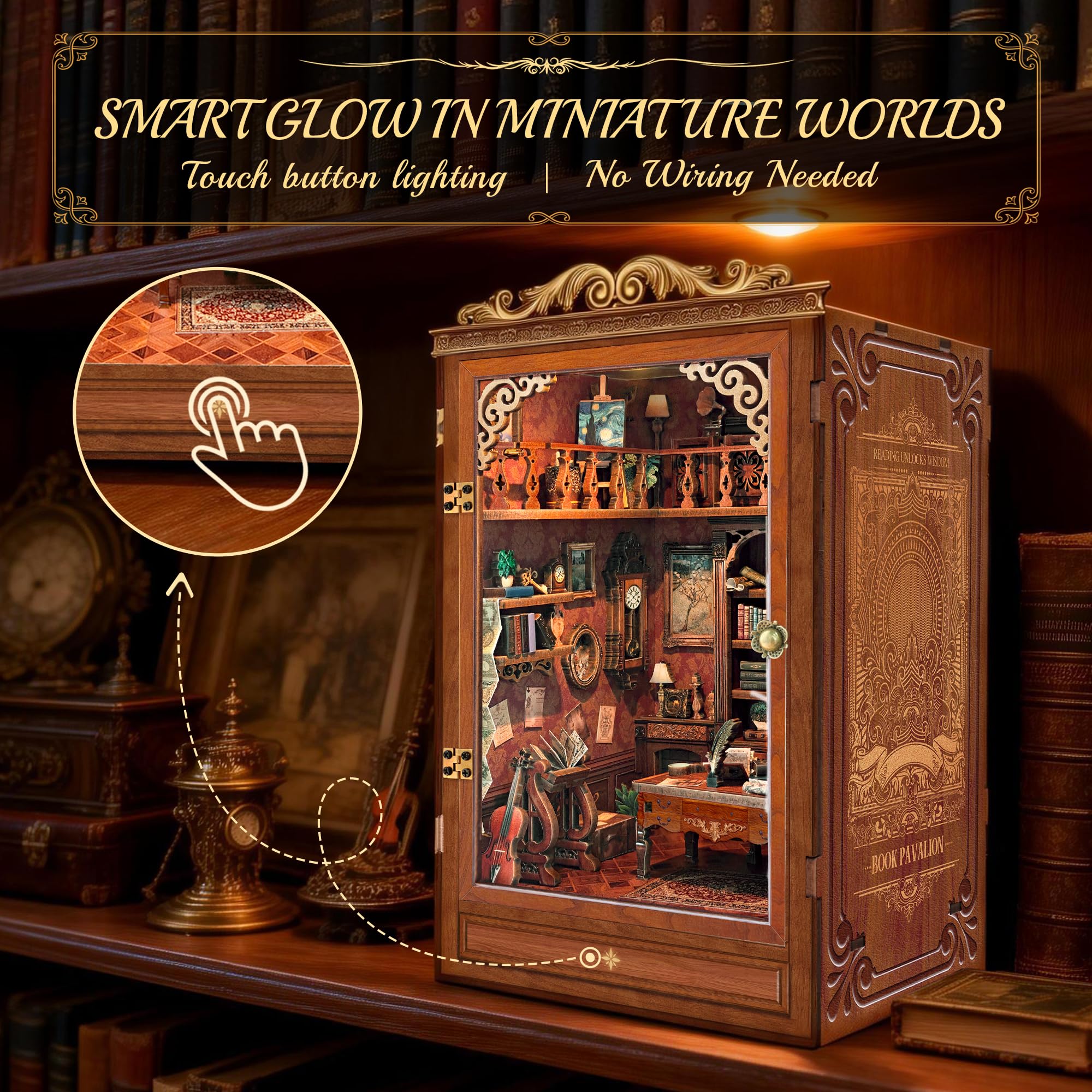 Book Nook Kit per Adulti - puzle 3D in Legno Biblioteca Magica Inserto per librena Decorativo con protezione Antipolvere e luce lED - Kit Casa Miniatura fai da Te per Adulti - Regalo Creativo per Am - 2