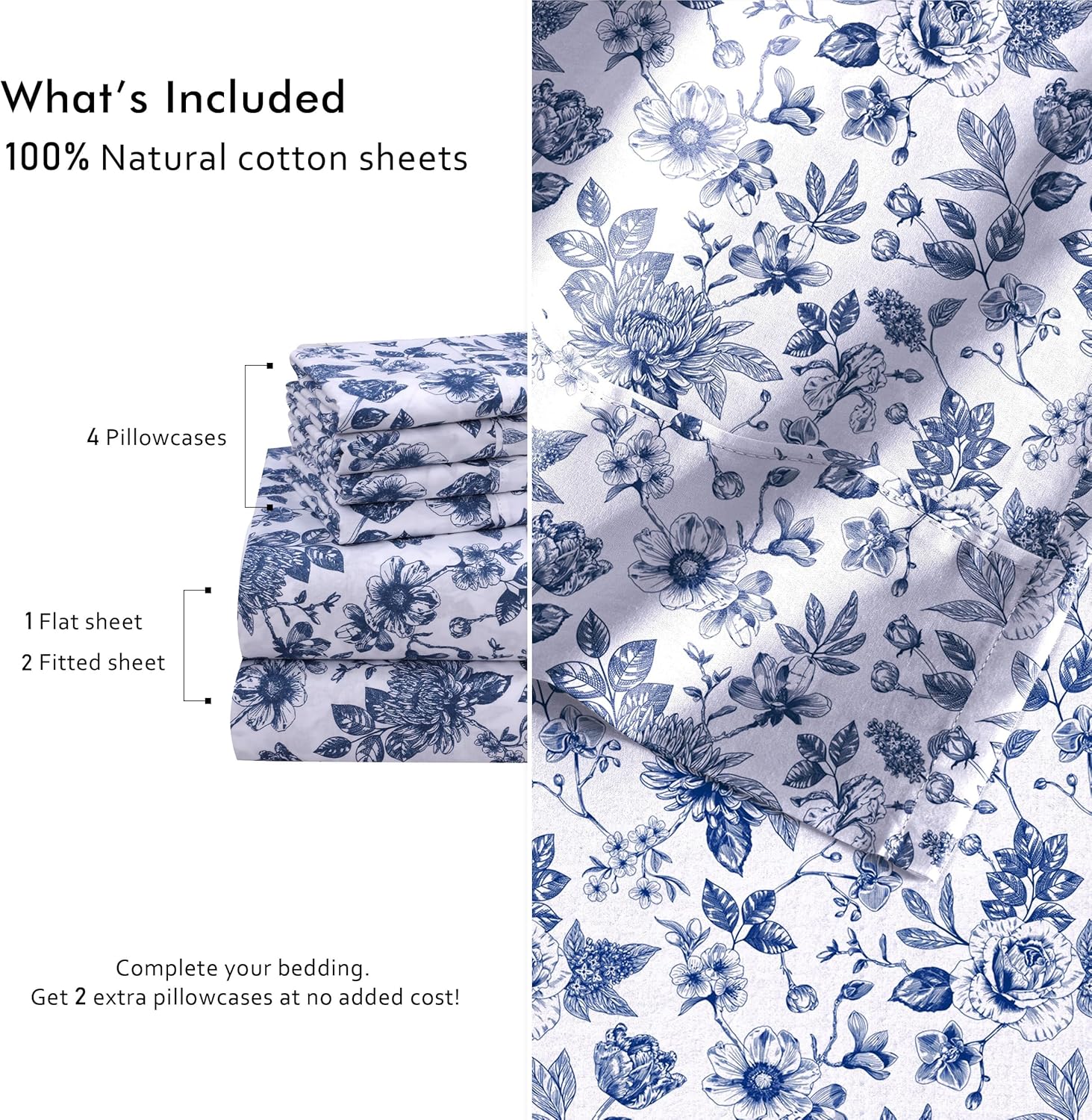 RUVANTI 7 Pcs Cotton Sheets - 100% Natural Cotton Soft, Lightweight & Breathable Crispy Percale Bed Sheets, Split King Sheets for Adjustable Bed 16" Deep Pockets, Wild Flower - Image 4