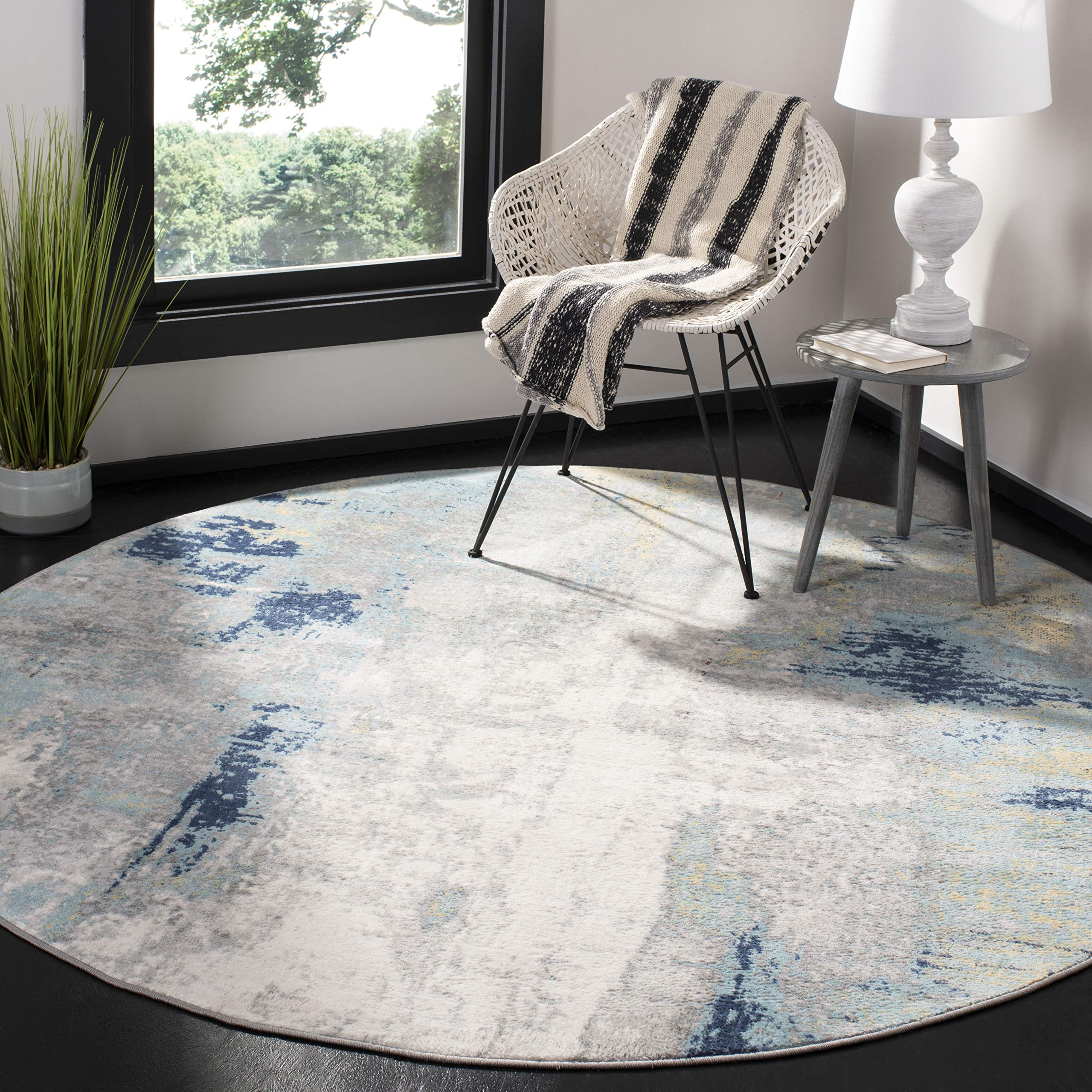 SAFAVIEH Jasper Collection Area Rug - 6'7" Round, Grey & Gold, Modern Abstract Design, Non-Shedding & Easy Care, Ideal for High Traffic Areas in