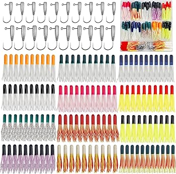 Grub Lures Fishing Jigs Head Hooks Kit- Soft Plastic Grub Tail Worm Lure Bait Crappie Jigs Buster Tubes Baits for Bass Trout Saltwater Freshwater Fishing 17-140pcs