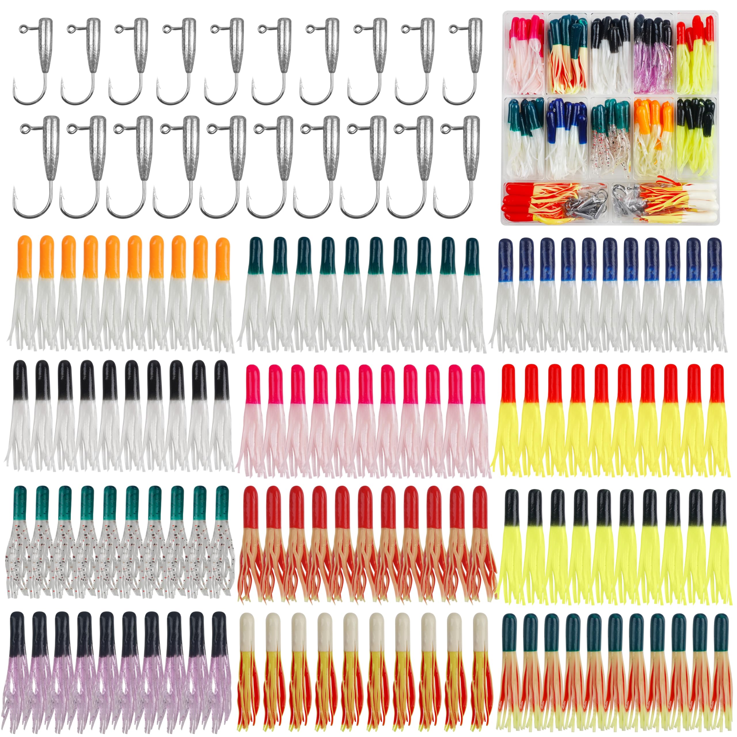 Grub Lures Fishing Jigs Head Hooks Kit- Soft Plastic Grub Tail Worm Lure Bait Crappie Jigs Buster Tubes Baits for Bass Trout Saltwater Freshwater Fishing 17-140pcs