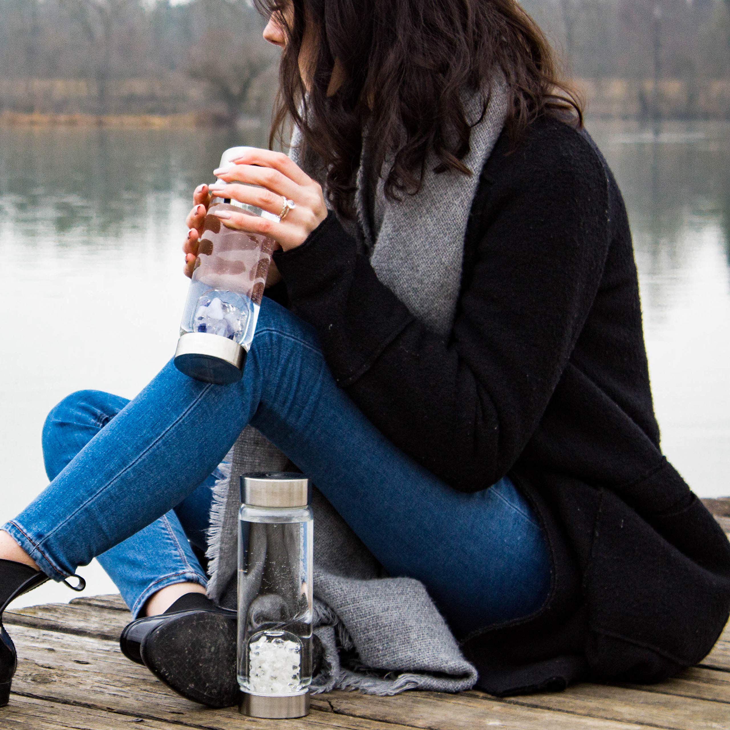 VitaJuwel ViA LUNA | Botella De Agua Con Piedras Preciosas (Piedra De La Luna – Cuarzo Claro)