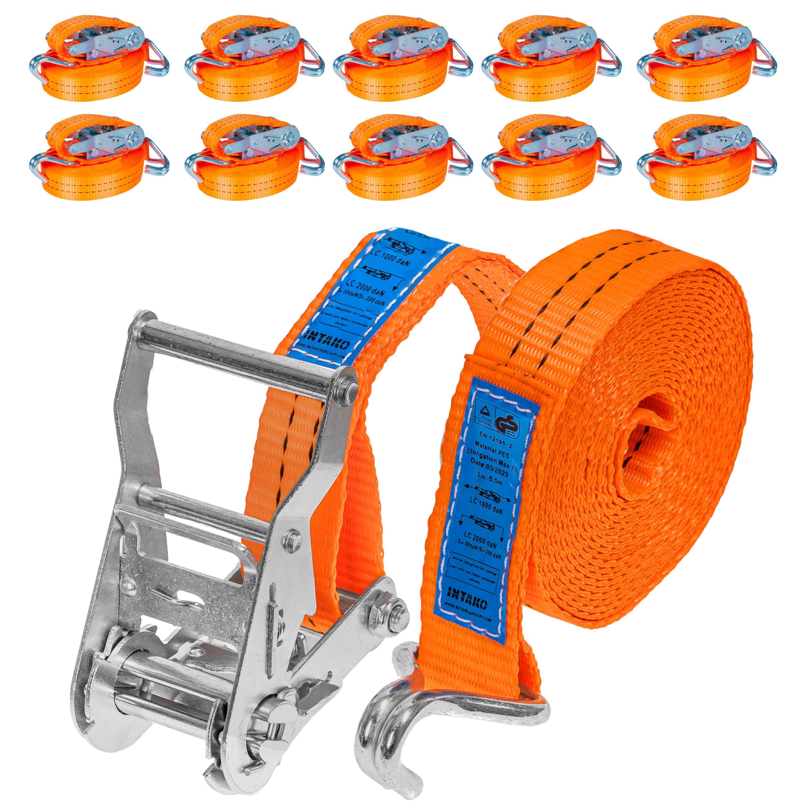 Pasy Transportowe 4m x 2000kg x 35mm - Zestaw 10 Sztuk - Pas Mocujący z Napinaczem do Zabezpieczania Ładunku - Zgodny z DIN EN 12195-2