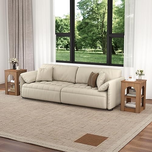 Miniatura 6 de Juego de 2 mesas auxiliares modernas de mediados de siglo con estantes de almacenamiento de 3 niveles y líneas de tallado arqueadas, mesita de noche