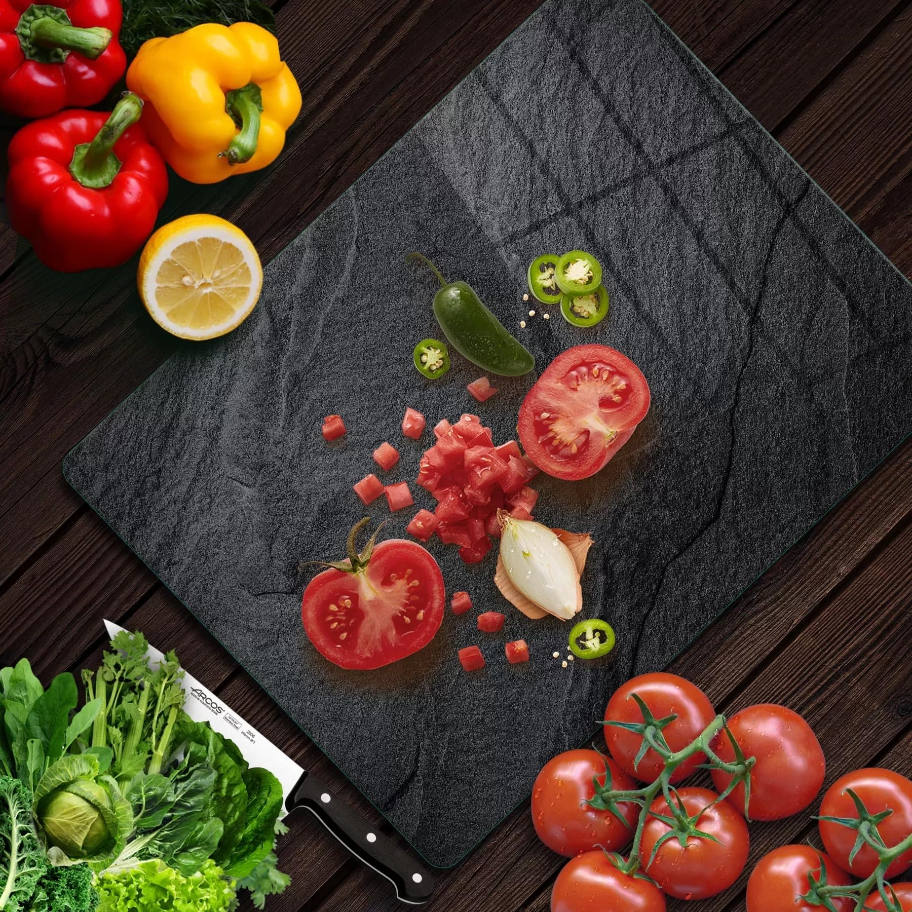 Decovetro Cam Kesme Tahtası ve Sunumluk Siyah Taş Desenli 20x30 Cm