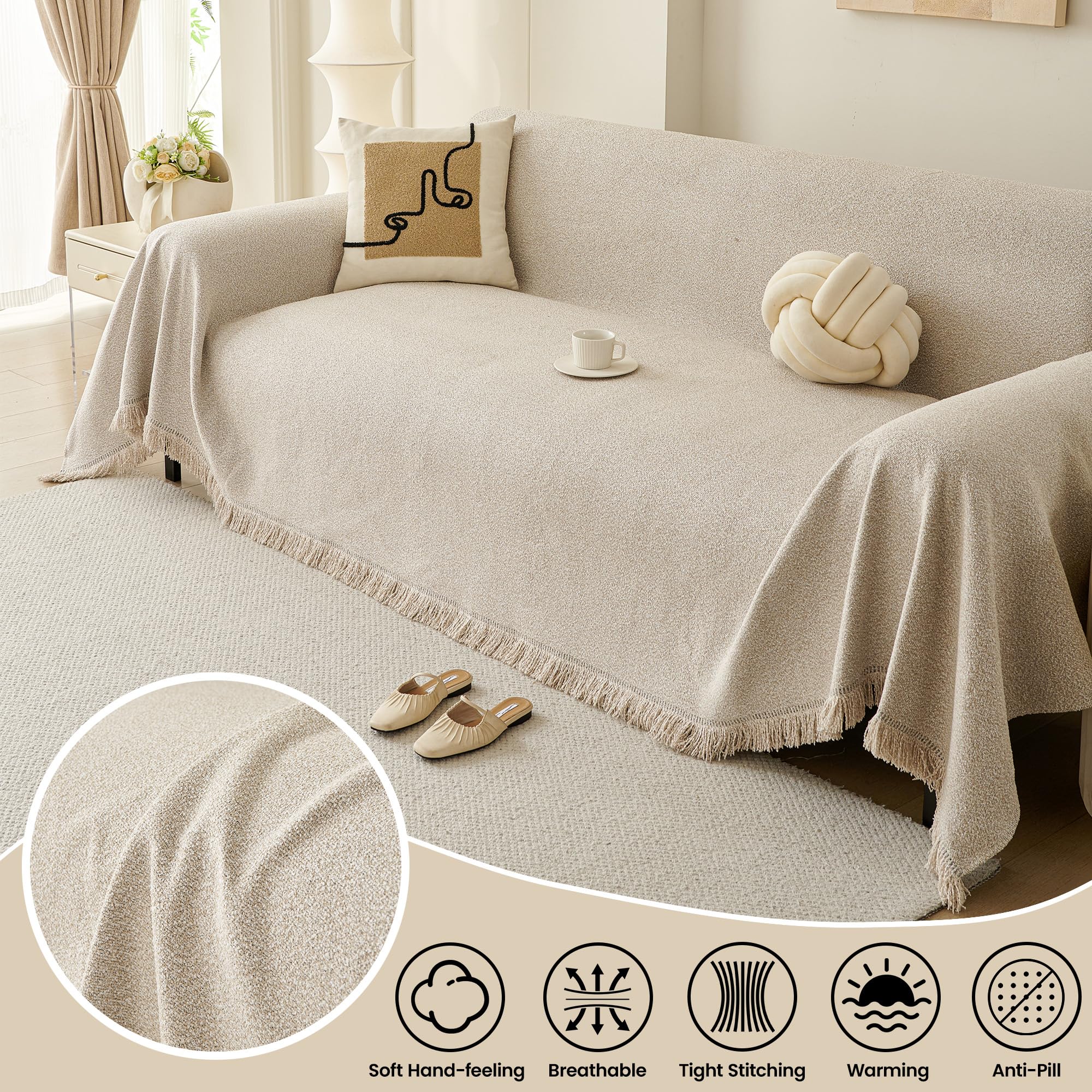 Nestiva Couch Cover for Pets Beige Covers for 3 Cushion Couch Sofa Cover Sectional Thick Chenille Couch Cushion Covers for Kids, Waterproof Stain-Resistant Modern Furniture Protector, 71''x150''