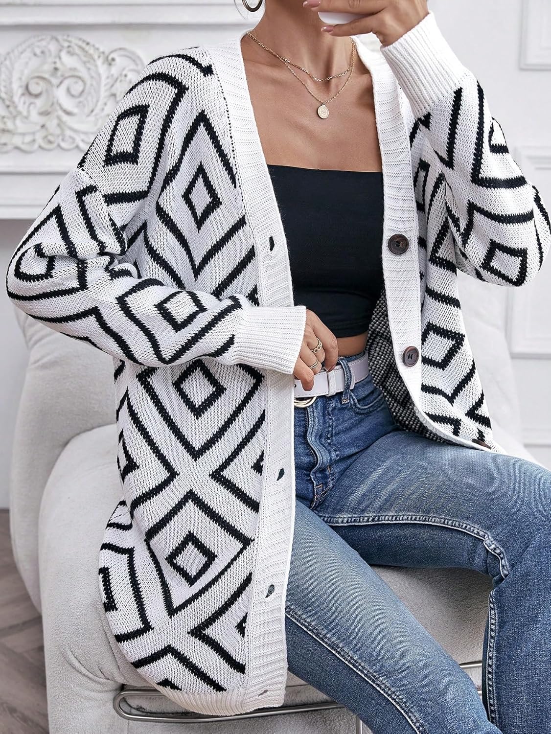 Geo Pattern Drop Shoulder Cardigan - Casual V Neck Long Sleeve Button Front Midi Sweater (Color : White, Size : Small)