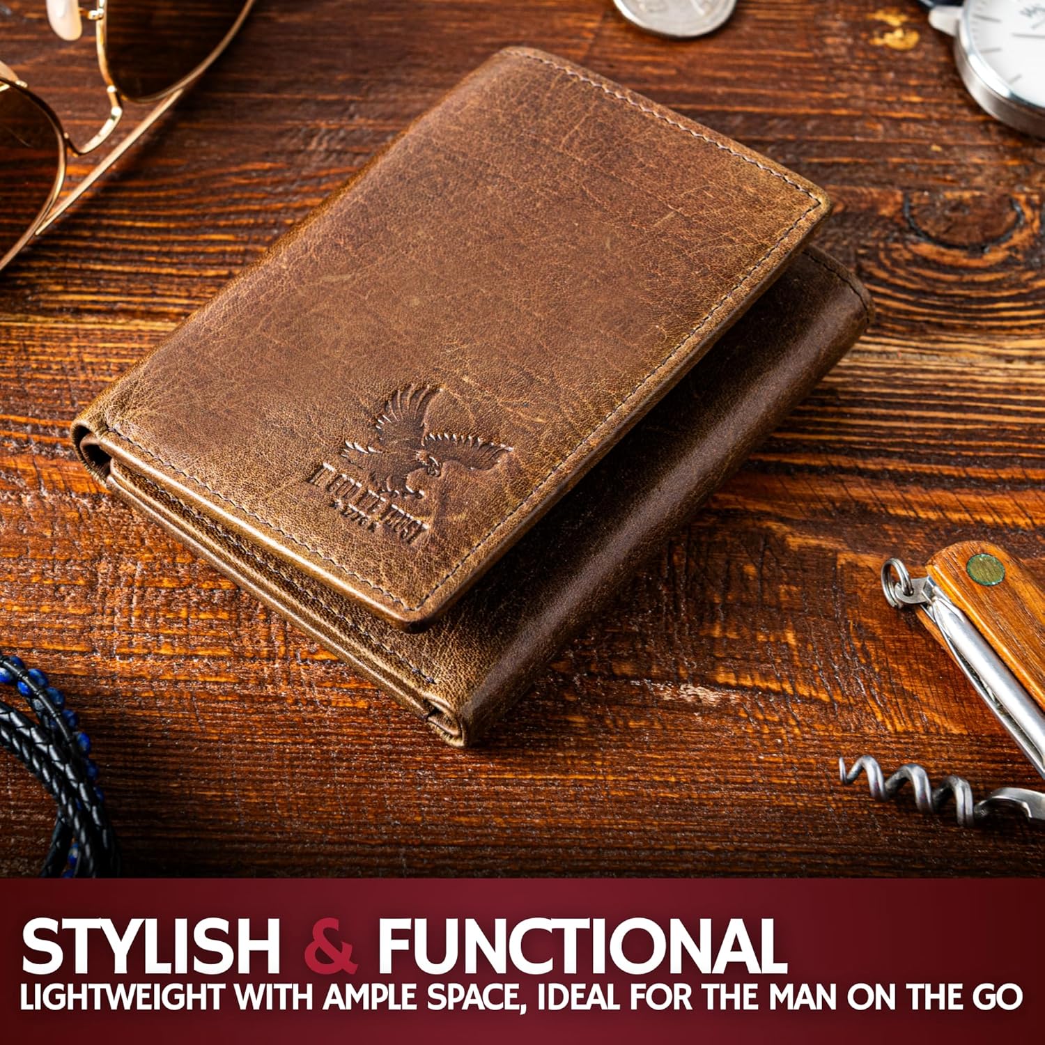 BULL GUARD Best Leather Men's RFID Trifold Wallet With ID Great Outdoor Wallet - Image 3