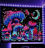 TUGCAY Glow in the Dark Blacklight Mushroom Tapestry - UV Reactive Fantasy Butterfly Moon Wall Hanging for Bedroom Dorm Decor (30x40")