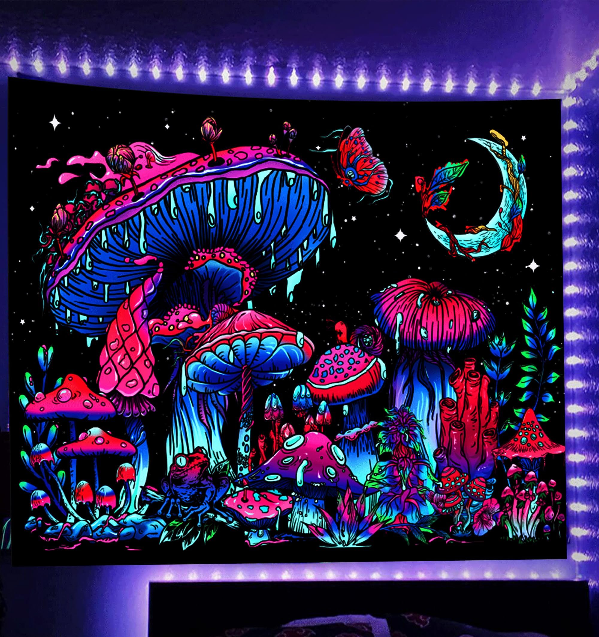 TUGCAY Blacklight Mushroom Tapestry, Glow In The Dark Tapestry Black Light Plant Fantasy UV Reactive Mushroom Butterfly Moon Tapestries Posters Wall Hanging for Bedroom Dorm Decor(50"x60")