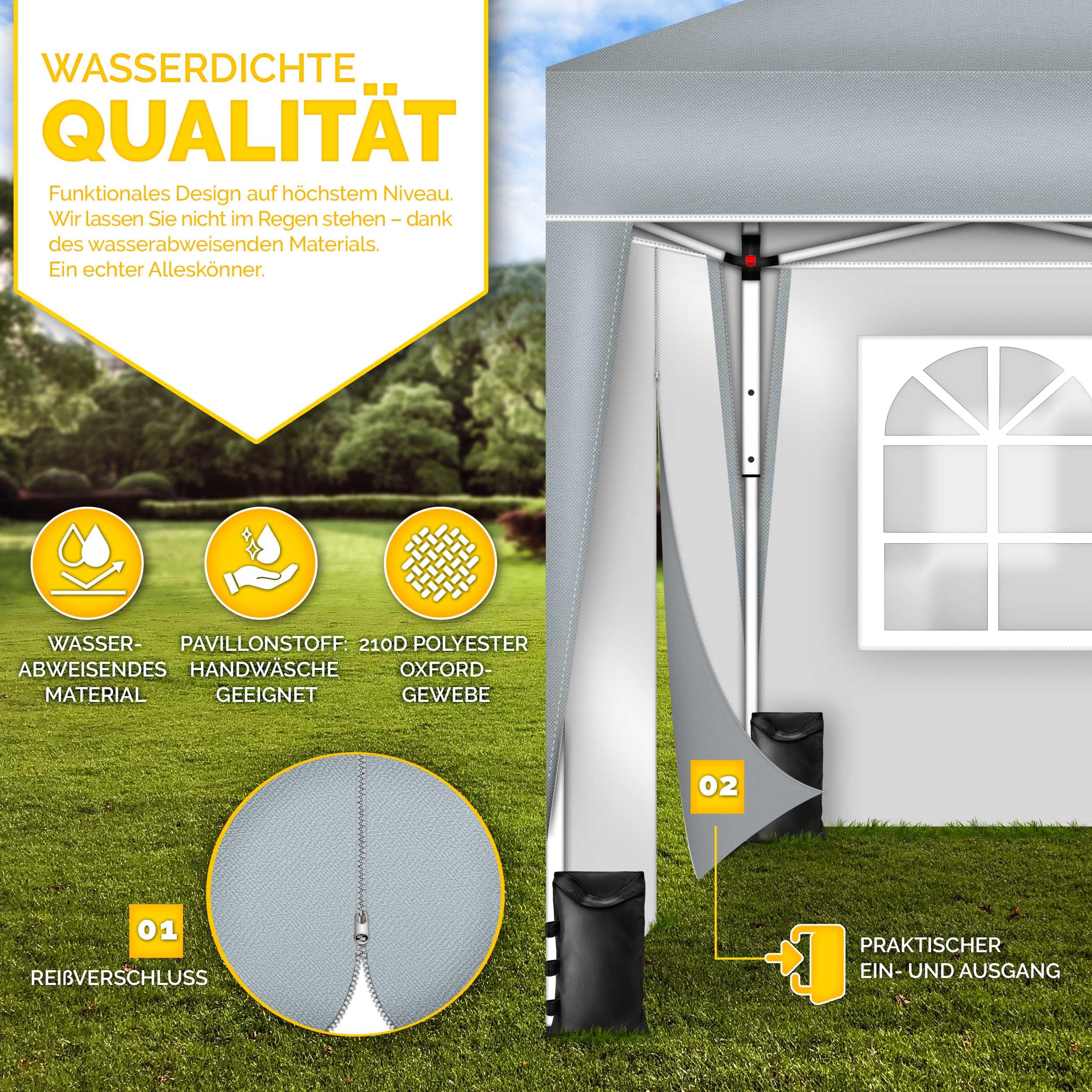 tillvex Gazebo Plegable Cenador 3x3m Impermeable | Pabellon de Jardin Pop-up Regulable en Altura | Carpa de jardín protección UV 50+ | Cenador de Fiesta con Bolsa (Gris - con 2 Paredes)