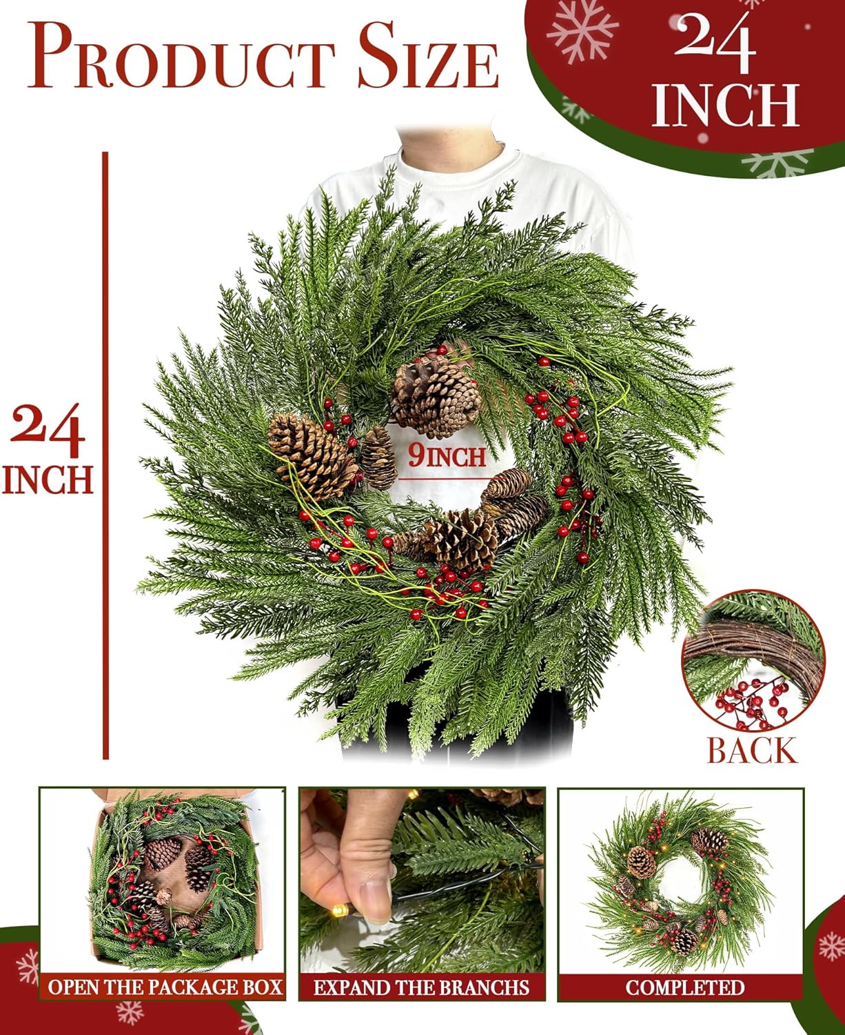 8 Modes & Timer - 24" Lighted Christmas Wreaths for Front Door with 50 LED, Real Touch Norfolk Pine Wreath Cedar&Cypress Tips Pinecones Berries Artificial Xmas Door Wreath for Home Indoor Wall Window - Image 7