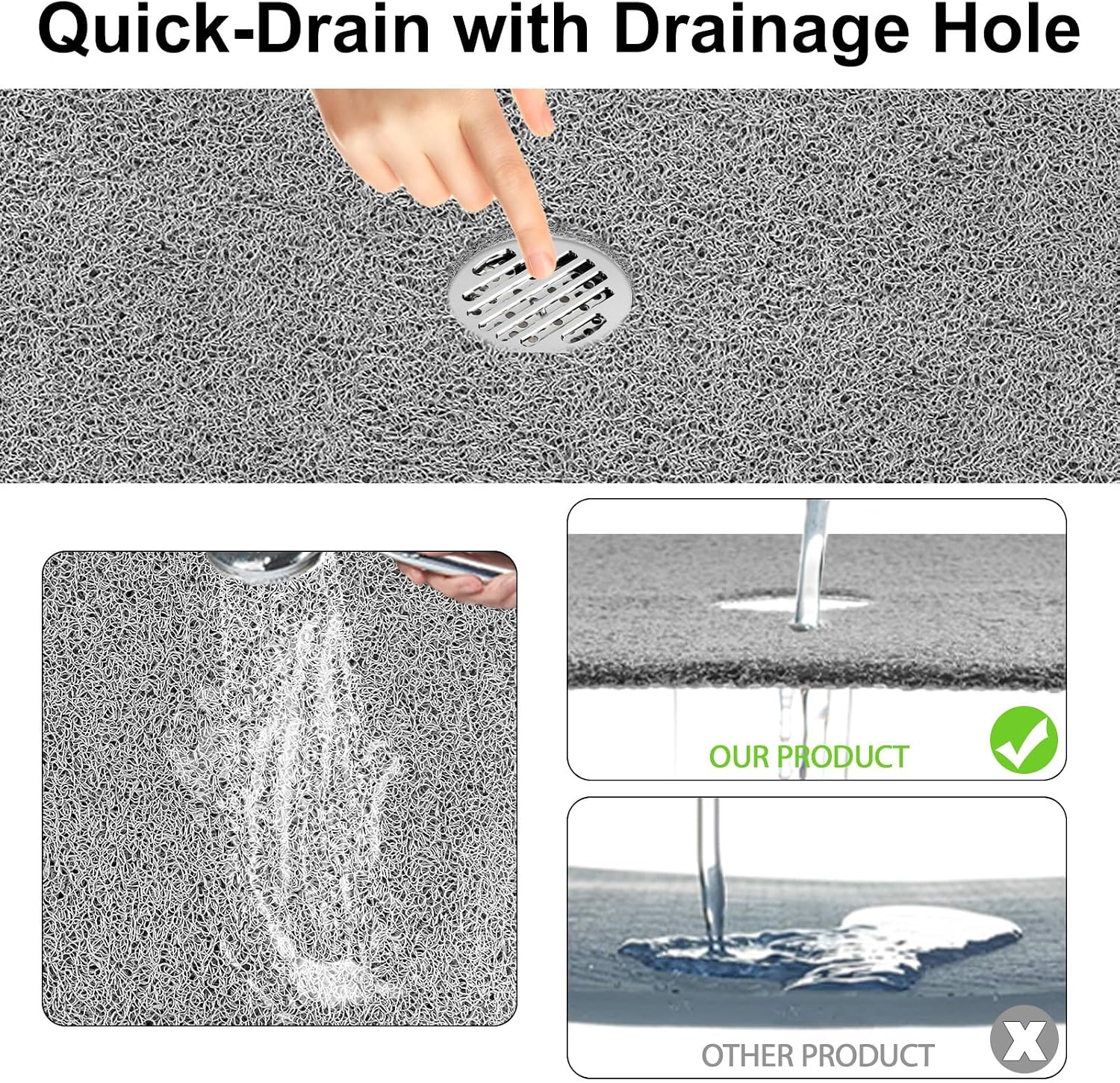 Extra Large Square Shower Mat, Yonala 36 x 36 Inch Non Slip Shower Mats for Inside Shower, Soft PVC Loofah Shower Floor Mat with Central Drain Hole, Quick Drying, Easy Clean