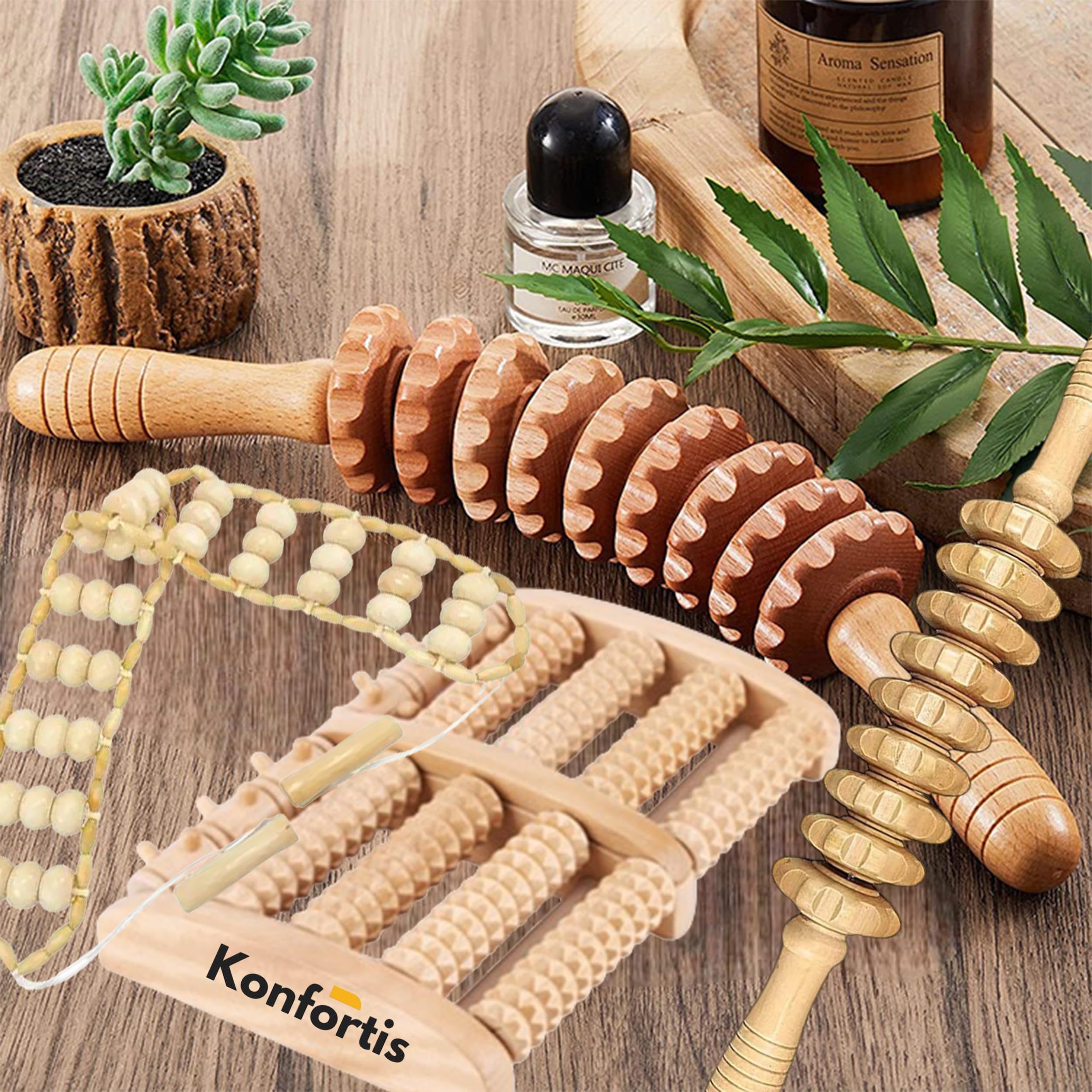 Kit rullo massaggio legno 4 in 1 piedi schiena gambe cosce spalla pancia terapia anticellulite drenaggio linfatico per scolpire alleviare il dolore muscolare per un rilassamento sicuro del corpo